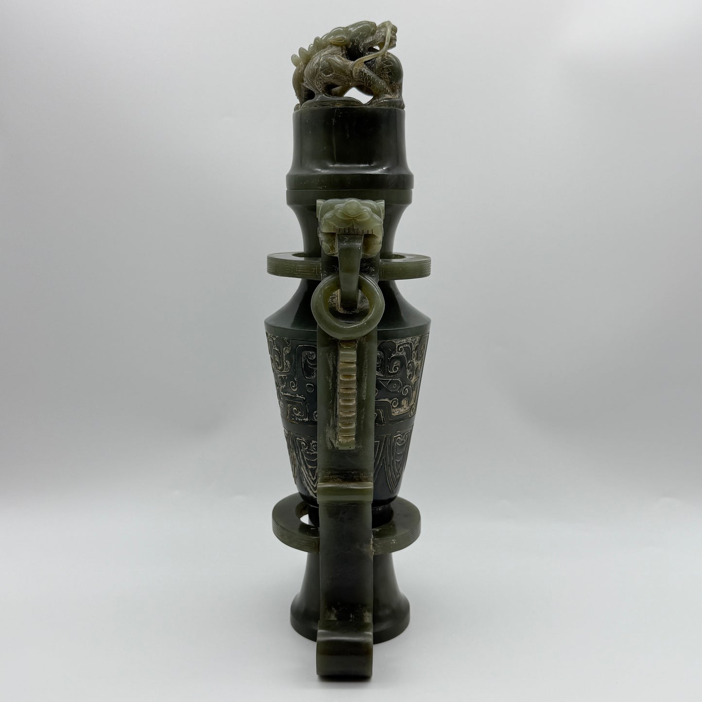 Rare Antique Natural Green Nephrite Vase with Double Dragon Display 2,035.4g 162.0 by 90.0 by 315.0m