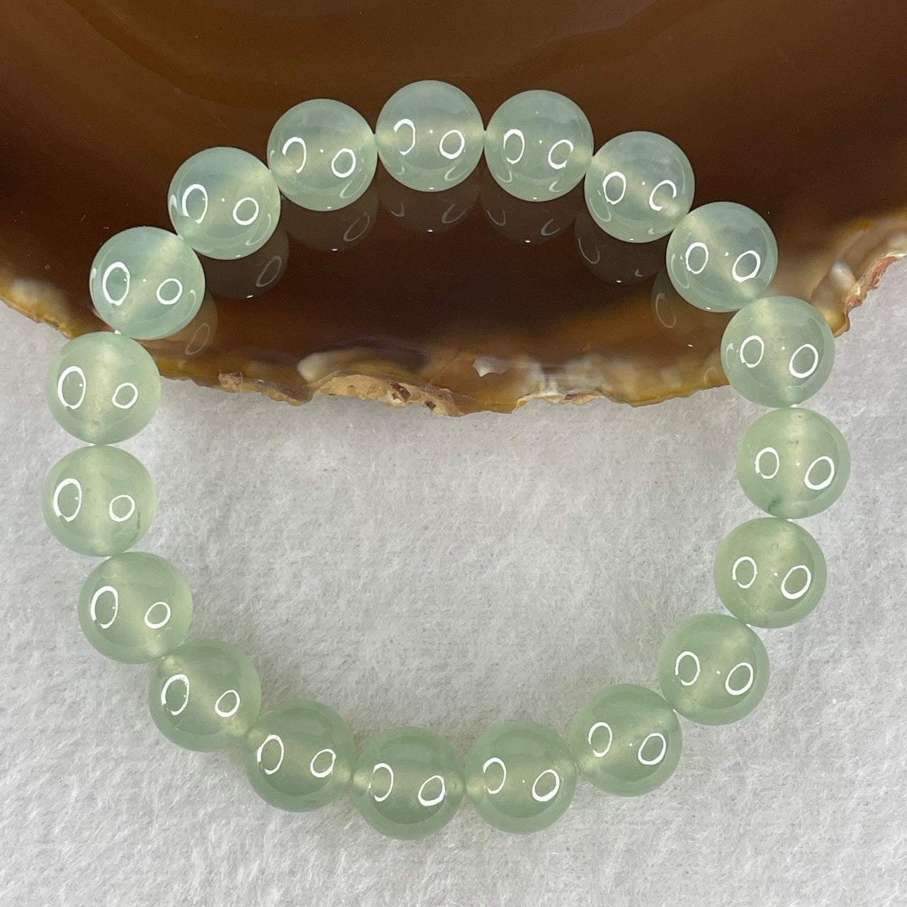 Certified Natural Type A High End High Icy Light Blueish Green Jadeite Beads Bracelet 34.20g 15.5cm 10.1mm 19 Beads