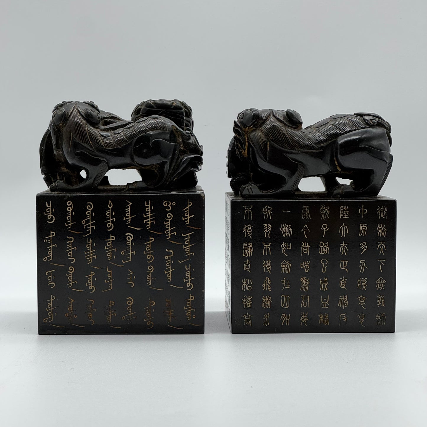 Rare Antique Natural Dark Green Nephrite Seal Pair of Twin Double Pixiu Stamp 5,596.2g 86.4 by 86.9 by 120.2mm with Wooden Box 355.0 by 165.0 by 190.0mm
