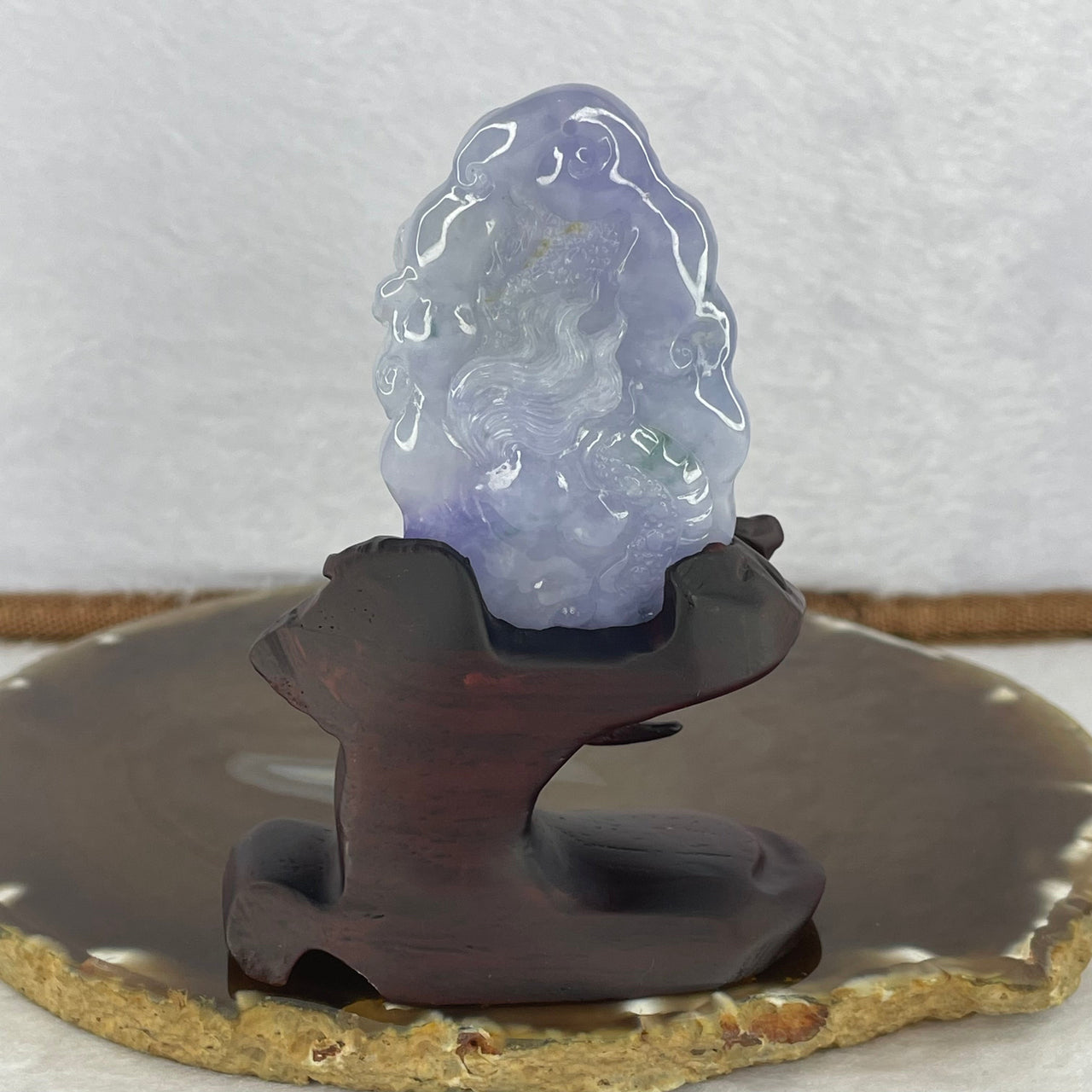 Very Rare Grand Master Semi Icy Type A Intense Lavender Jadeite Dragon 60.71g 68.0 by 39.20 by 16.8mm with Wooden Stand