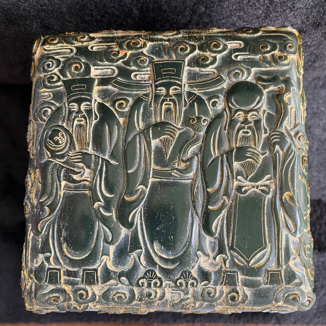 Extremely Rare Large Natural Old Mine Dark Green Nephrite Fu Lu Shou Seal 140.1 by 141.2 by 120.7mm with Carved wooden box 8,602.9g 208.9 by 209.6 by 218.4mm