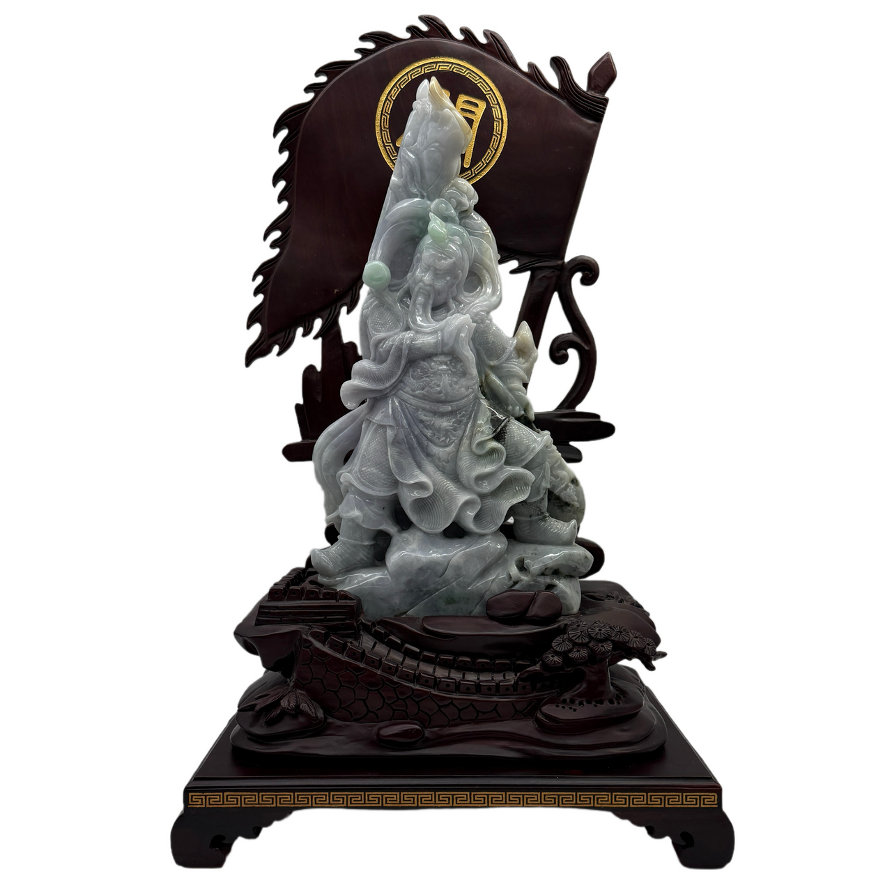 Type A Three Colour Lavender, Green & Yellow Jade Jadeite Standing Guan Gong with Wooden Stand and Victory Flag 义薄云天 旗开得胜 - 3.63kg Dimensions with Stand: 39 by 25 by 15cm Jade Dimensions: 27 by 15 by 7cm