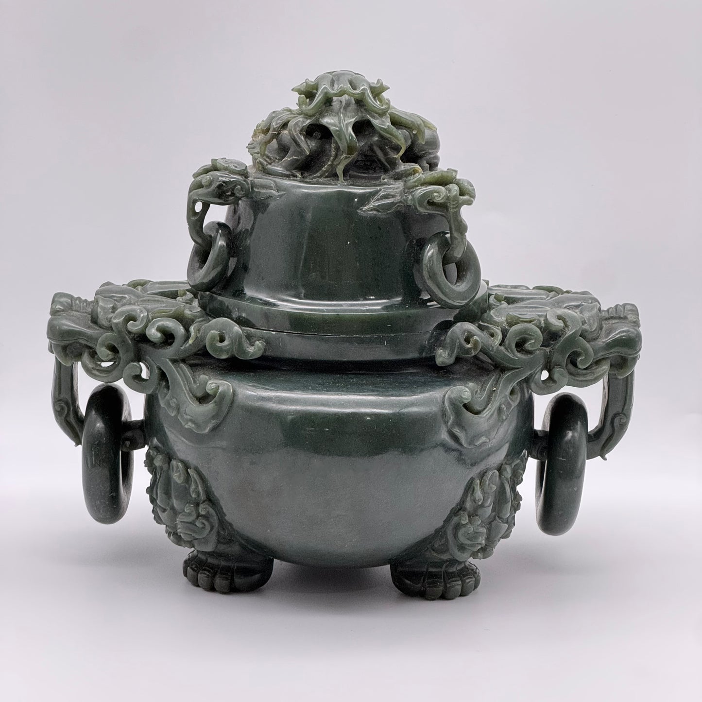 Rare Antique Natural Dark Green Nephrite Dragon Incense Burner 3,613.7g 250.0 by 170.0 by 215.0mm