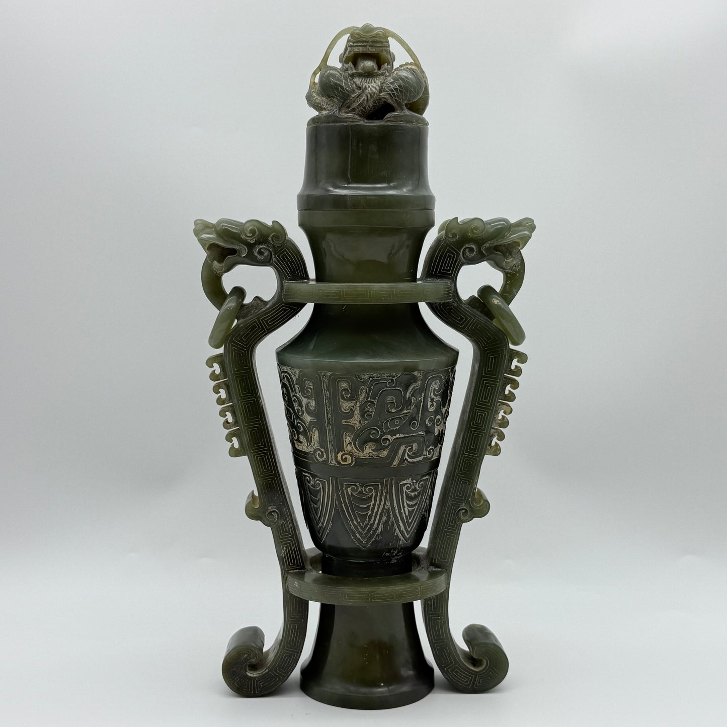 Rare Antique Natural Green Nephrite Vase with Double Dragon Display 2,035.4g 162.0 by 90.0 by 315.0m