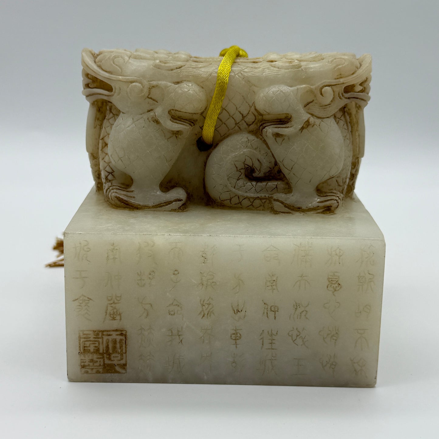 Rare Antique Natural Yellow White Nephrite Double Headed Dragon Seal 2,023.4g 101.4 by 101.0 by 110.0mm
