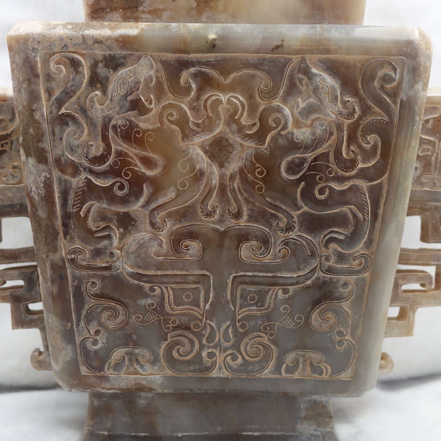 Rare Antique Natural Grey with Yellow White Patches Nephrite Double Pixiu Vase 3,014.3g 225.0 by 83.0 by 280.0mm