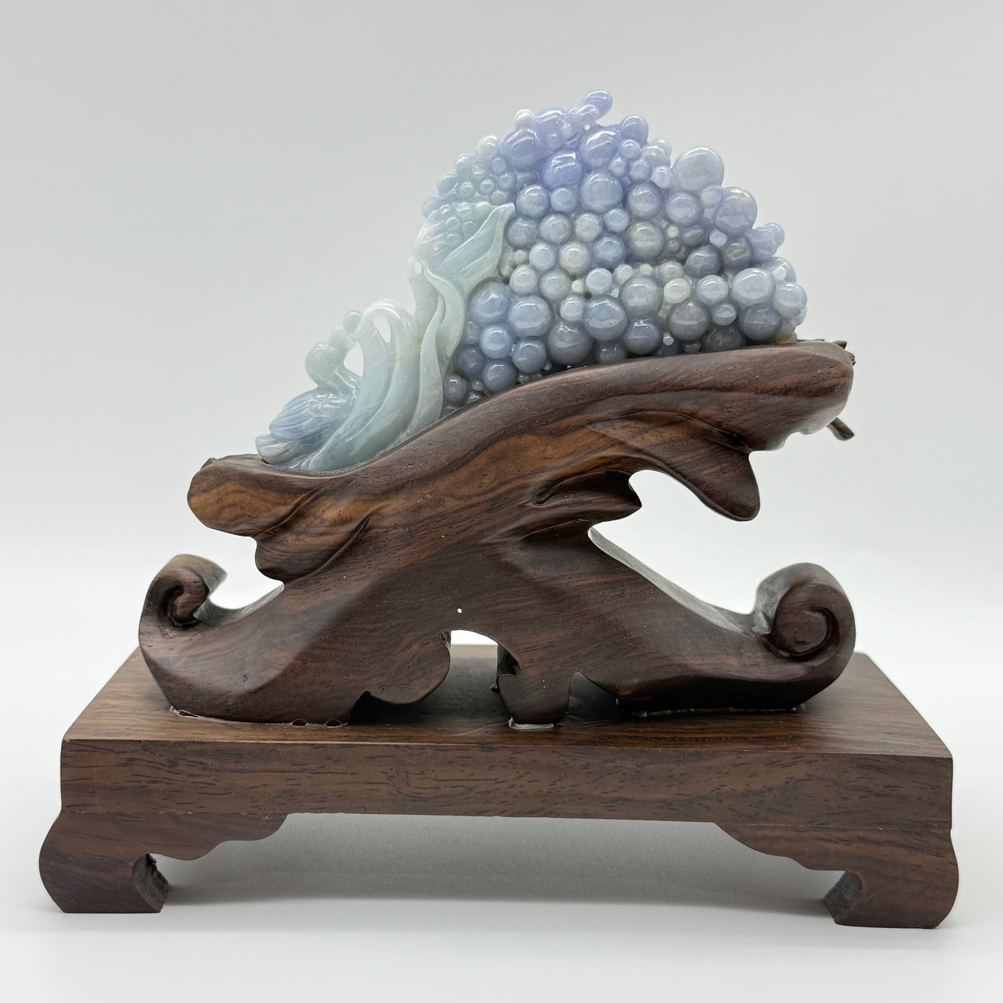 Rare Type A Deep Blueish Lavender Grapes & Duck 152.3G 44.2 by 23.6 by 10.8mm with wooden stand total 730.2g 168.4 by 78.8 by 153.0mm