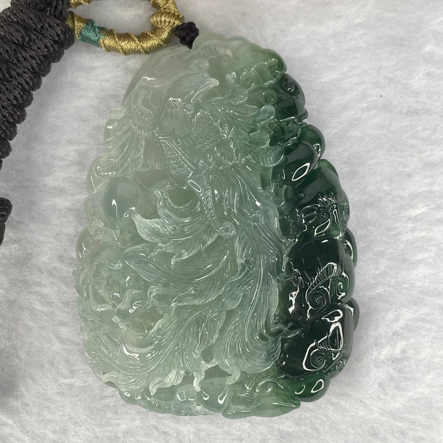 Grand Master Type A Icy Light Green with Green Jadeite Phoenix, Ruyis and Flower Pendant Display 71.83g 65.7 by 48.2 by 12.5mm with Wooden Stand for Career Progression and Recognition