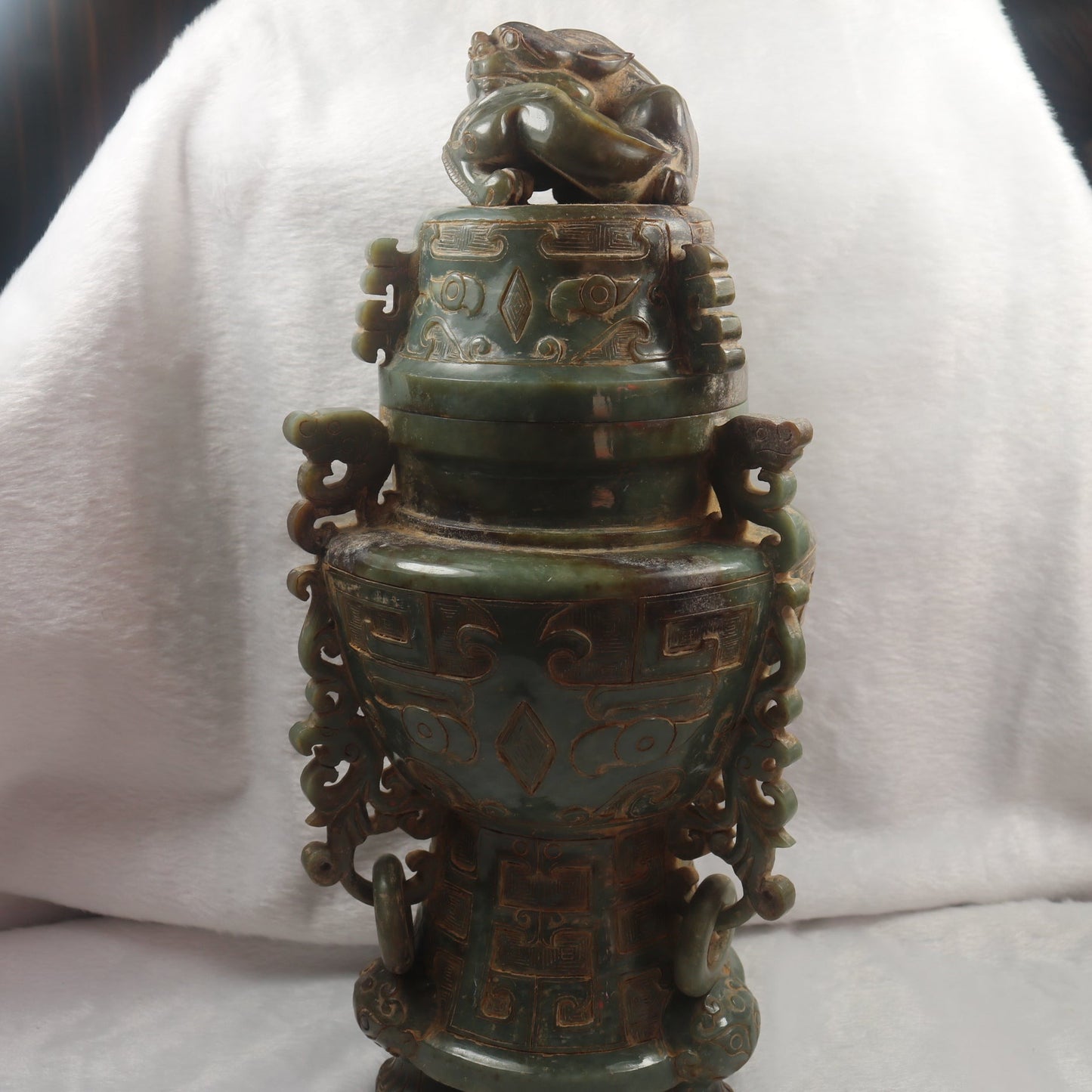 Rare Antique Natural Green with Brown Patches Nephrite Pixiu Vase 3,113.3g 148.0 by 160.0 by 335.0mm