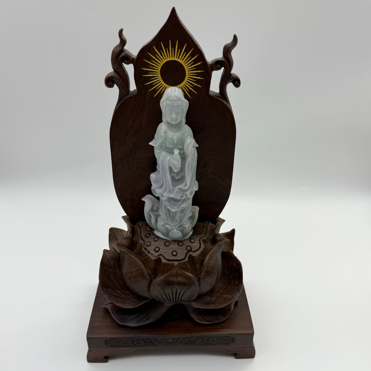 Type A Lavender and Green Jade Jadeite Guan Yin Display 210.5g 142.6 by 53.6 by 24.1mm with wooden stand total 1515g 310 by 152 by 106mm