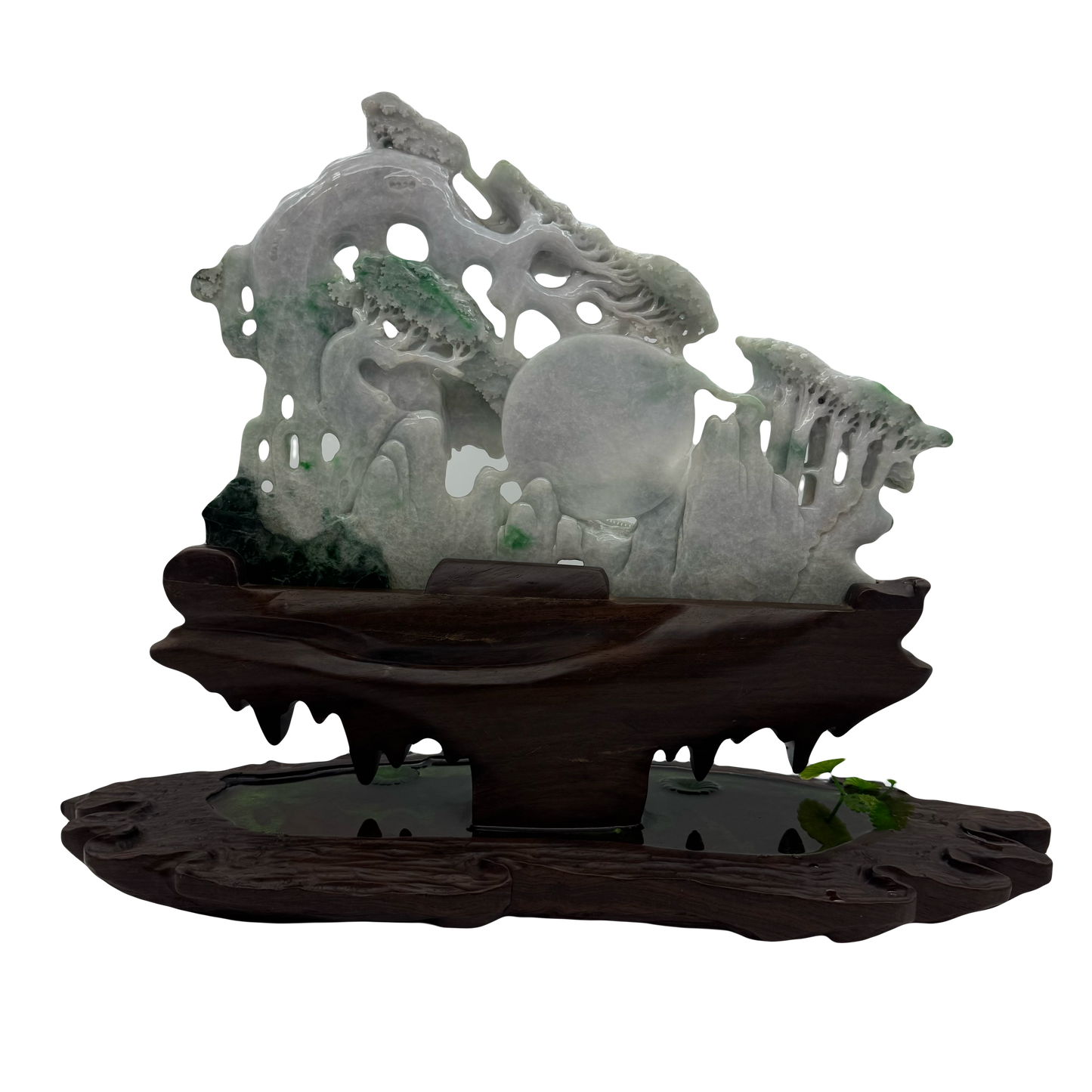 Type A Green, Yellow & Spicy Green Jade Jadeite Shan Shui 摆件多子多福 with Wooden Stand Display Piece - 3.015kg Dimensions with Stand - 51 by 40 by 19cm Jade Dimensions - 37 by 24 by 5cm