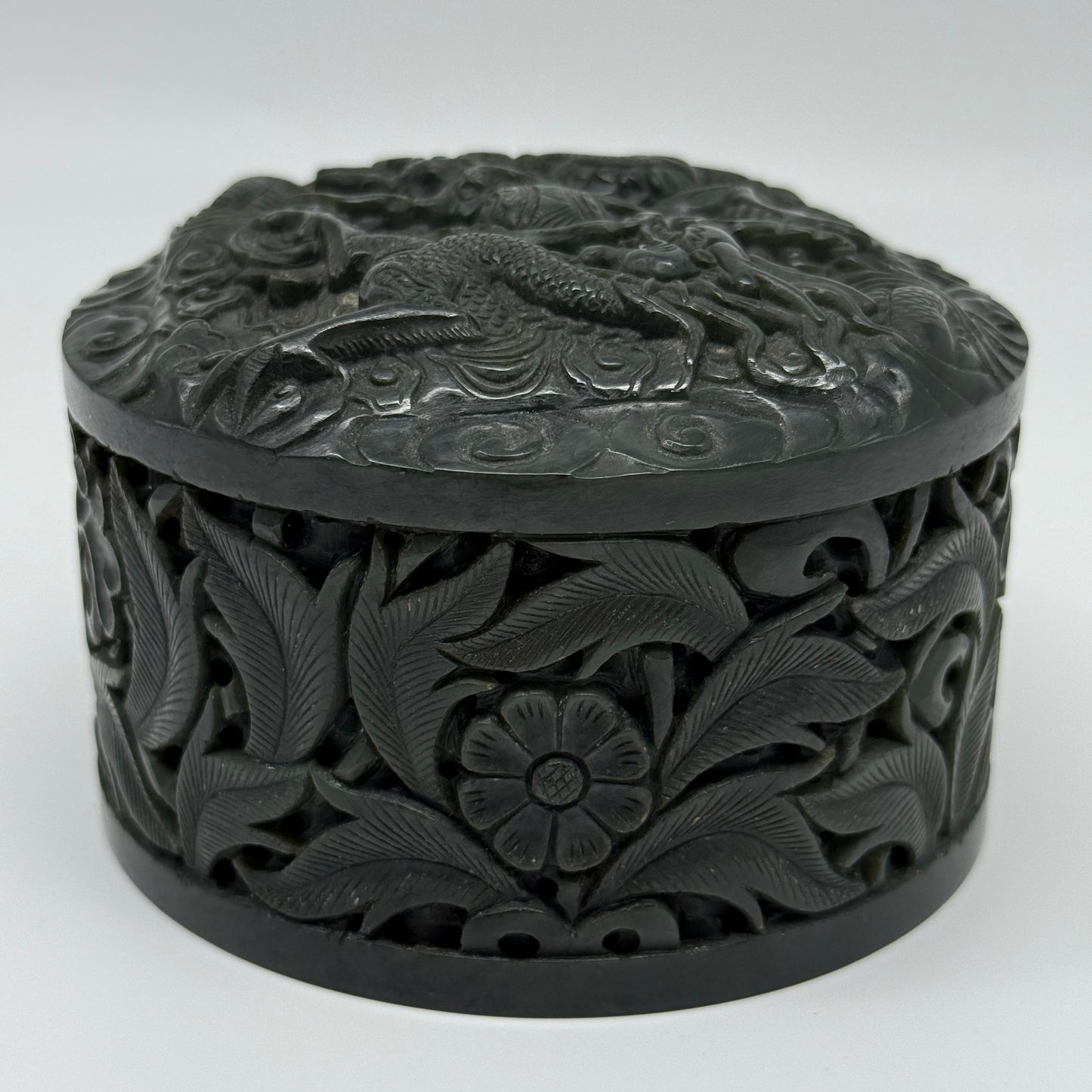 Antique Dark Green Nephrite Double Dragons in Clouds with Flowers and Leaves Seal 1,625.5g 108.2 by 107.6 by 71.6mm