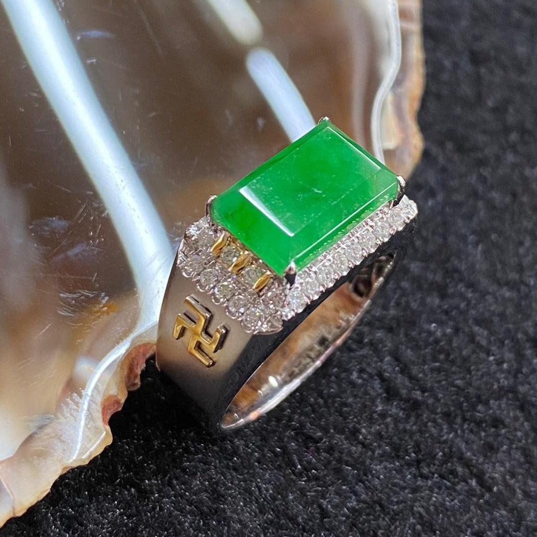 Type A Burmese Old Mine Full Spicy Green Jade Jadeite 18k White Gold & Diamonds Ring 7.27g US9 HK20