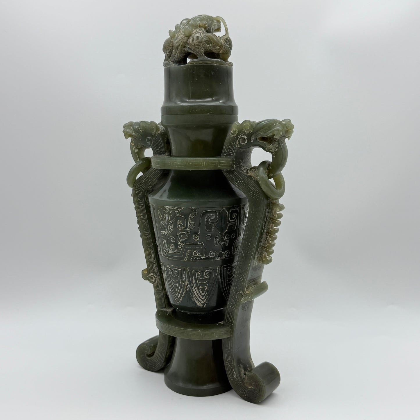 Rare Antique Natural Green Nephrite Vase with Double Dragon Display 2,035.4g 162.0 by 90.0 by 315.0m