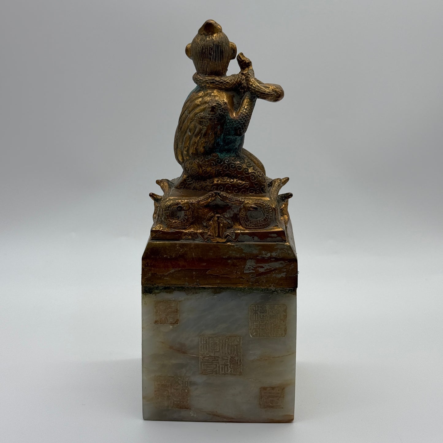 Rare Antique Nephrite with Copper Bird with Monkey Face with Snakes and Frogs Seal 2,751.6g 85.0 by 85.0 by 220.0mm