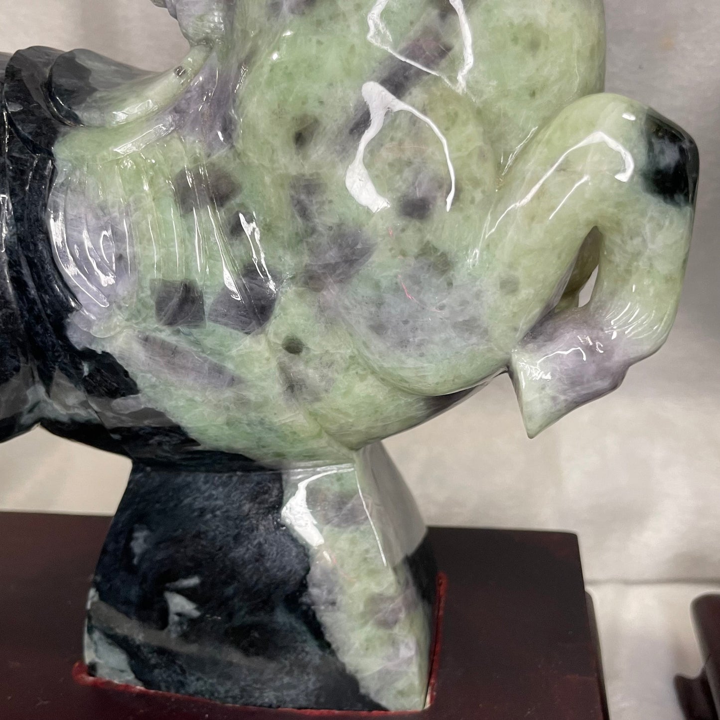 Type A Green with Lavender Jadeite Pair of Horses 马到成功 马上成功 马上发财 with Wooden Stand Display Piece - 9.53kg Dimensions with Stand: 30 by 28 by 12cm Jade Dimensions: 28 by 24 by 9cm