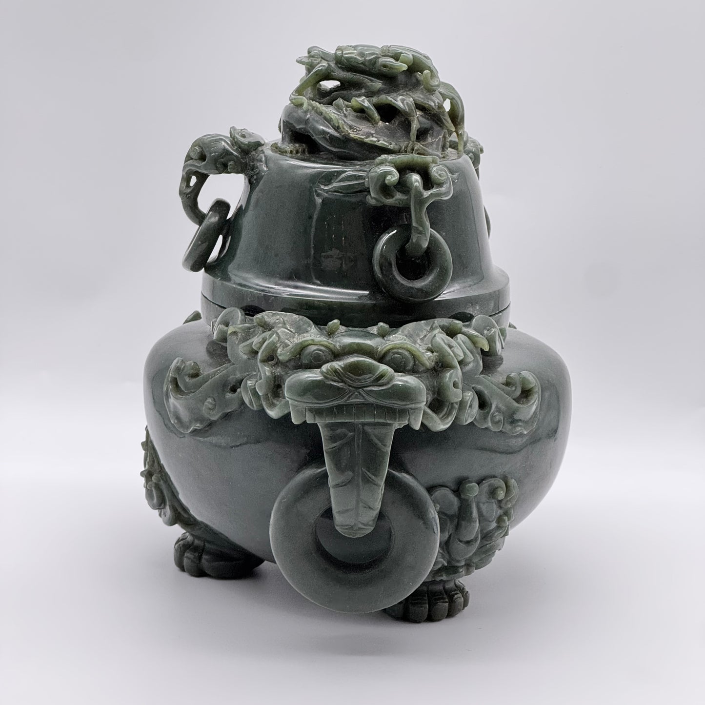 Rare Antique Natural Dark Green Nephrite Dragon Incense Burner 3,613.7g 250.0 by 170.0 by 215.0mm