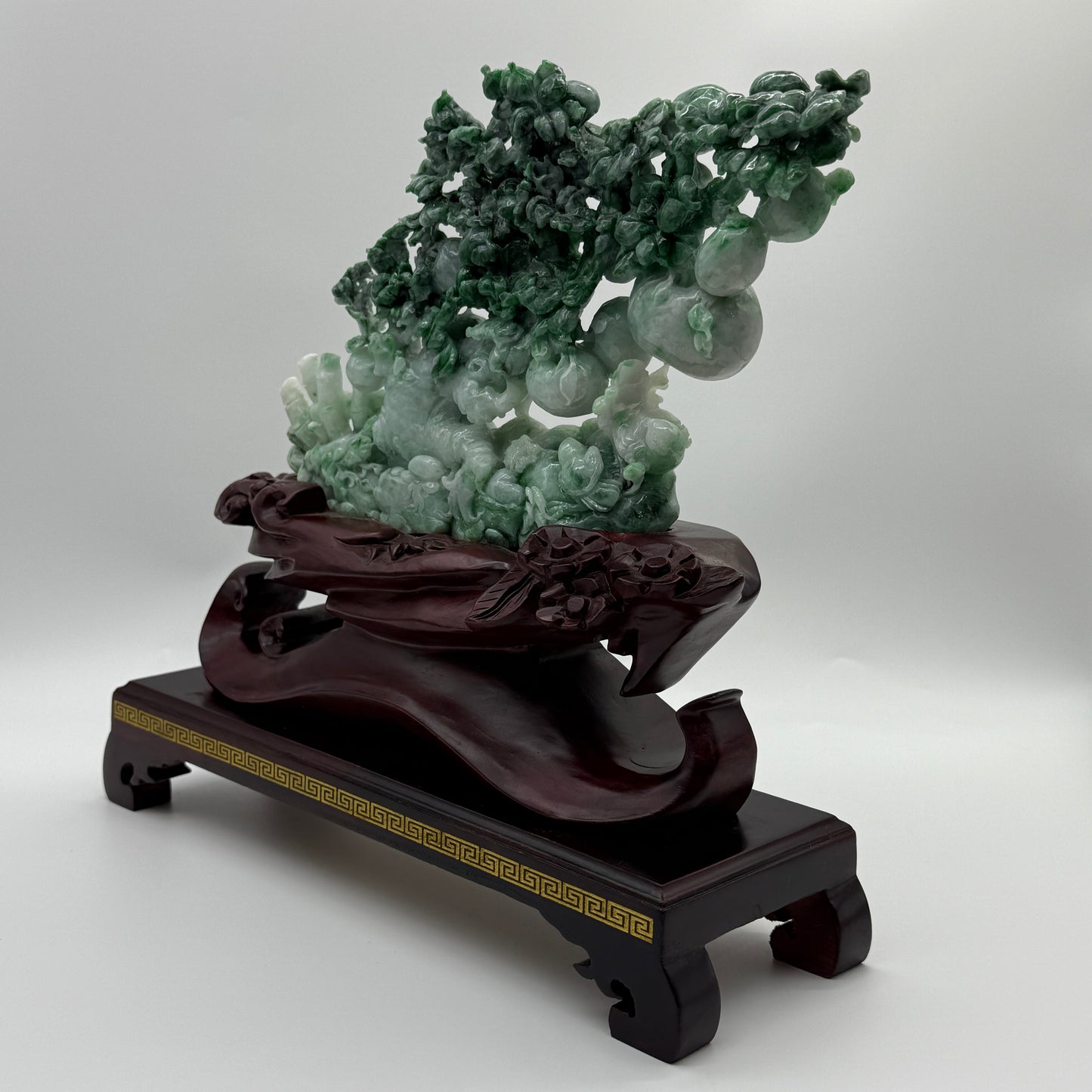 Type A Light Green with Spicy Green and Apple Green Patches Jadeite Tree with Twin Birds and Bamboo Display 1260g 24.0 by 2.8 by 16.0cm with wooden stand 2935g 31.0 by 10.0 by 28.0cm