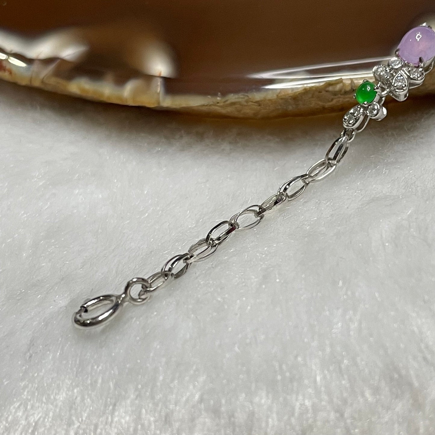 RARE Type A Semi Icy Lavender & Green Jade Jadeite Bracelet 18k white gold, natural diamonds & sapphires 7.23g Dimensions of middle piece: 88.2 by 9.2 by 4.7mm Length of Bracelet: 16cm