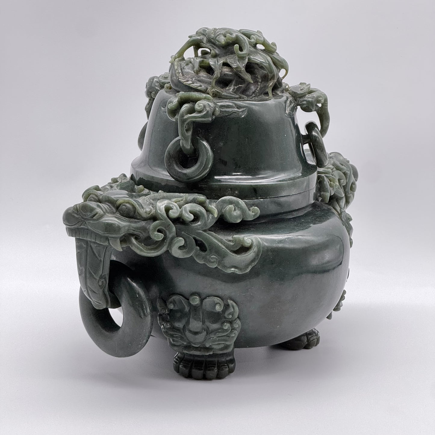 Rare Antique Natural Dark Green Nephrite Dragon Incense Burner 3,613.7g 250.0 by 170.0 by 215.0mm
