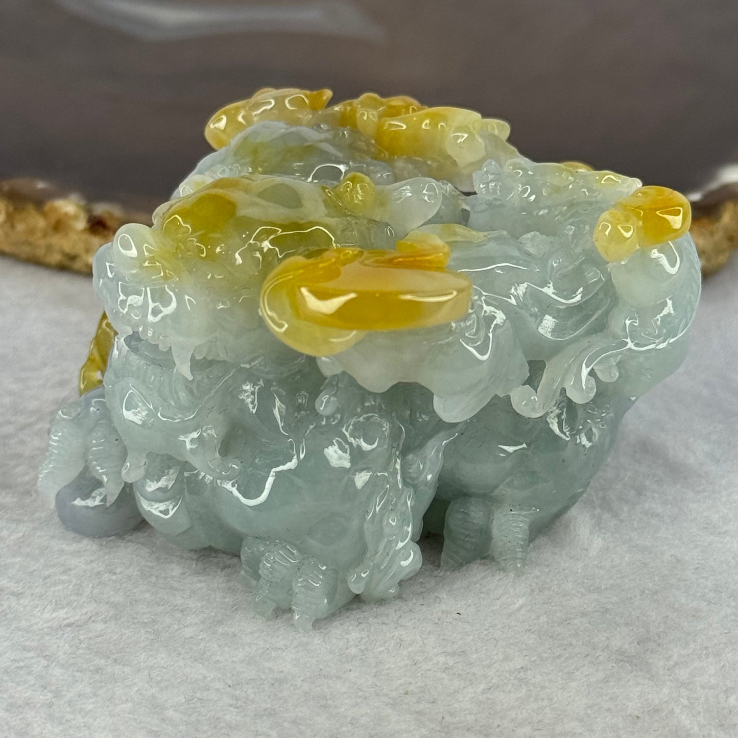 Rare Grand Master Type A Green with Lavender and Yellow 3D Flying Pixiu with Baby, Ruyi and Coins 大师A货三彩翡翠飞天貔貅摆件 185.14g 41.0 by 64.3 by 48.0mm with Wooden Stand