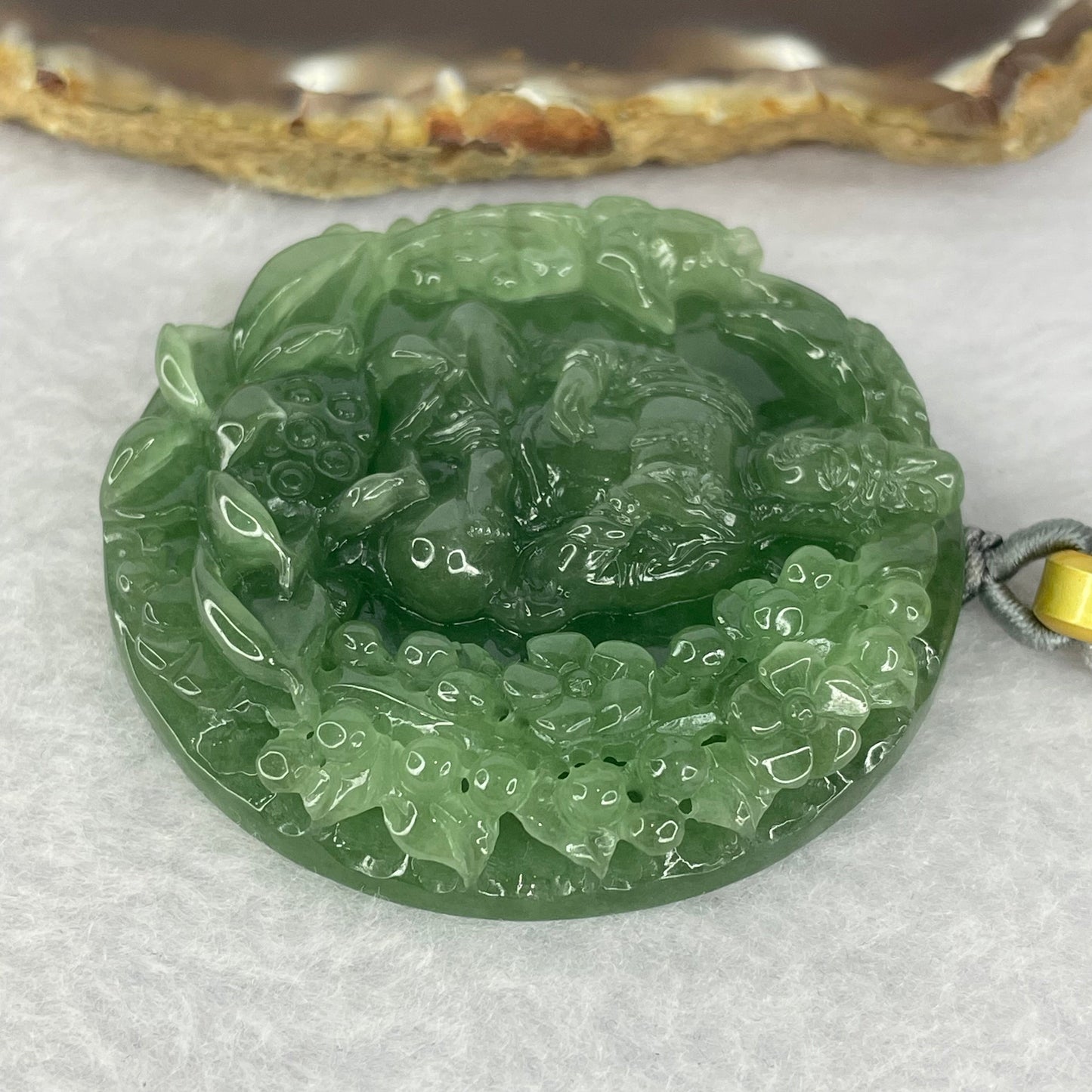 Golden Award Grand Master Type A Semi Icy Intense Green Jadeite Guan Yin on Lotus with Flowers 花开富贵观音 Pendant 62.02g 53.0 by 11.2mm