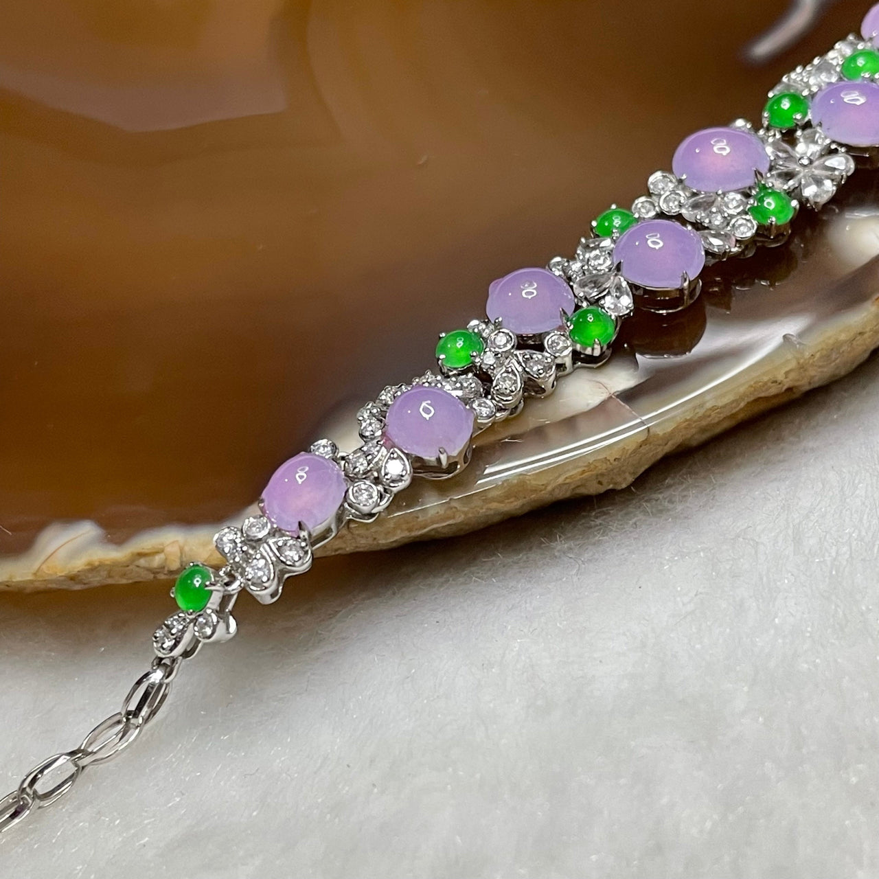Imperial Type A Semi-Icy Lavender & Green Jadeite Bracelet in 18K White Gold – "Heaven & Earth" Talisman with Diamonds & Sapphires for Noble Grace, Wisdom, and Harmony 7.23g middle piece: 88.2 by 9.2 by 4.7mm 16cm