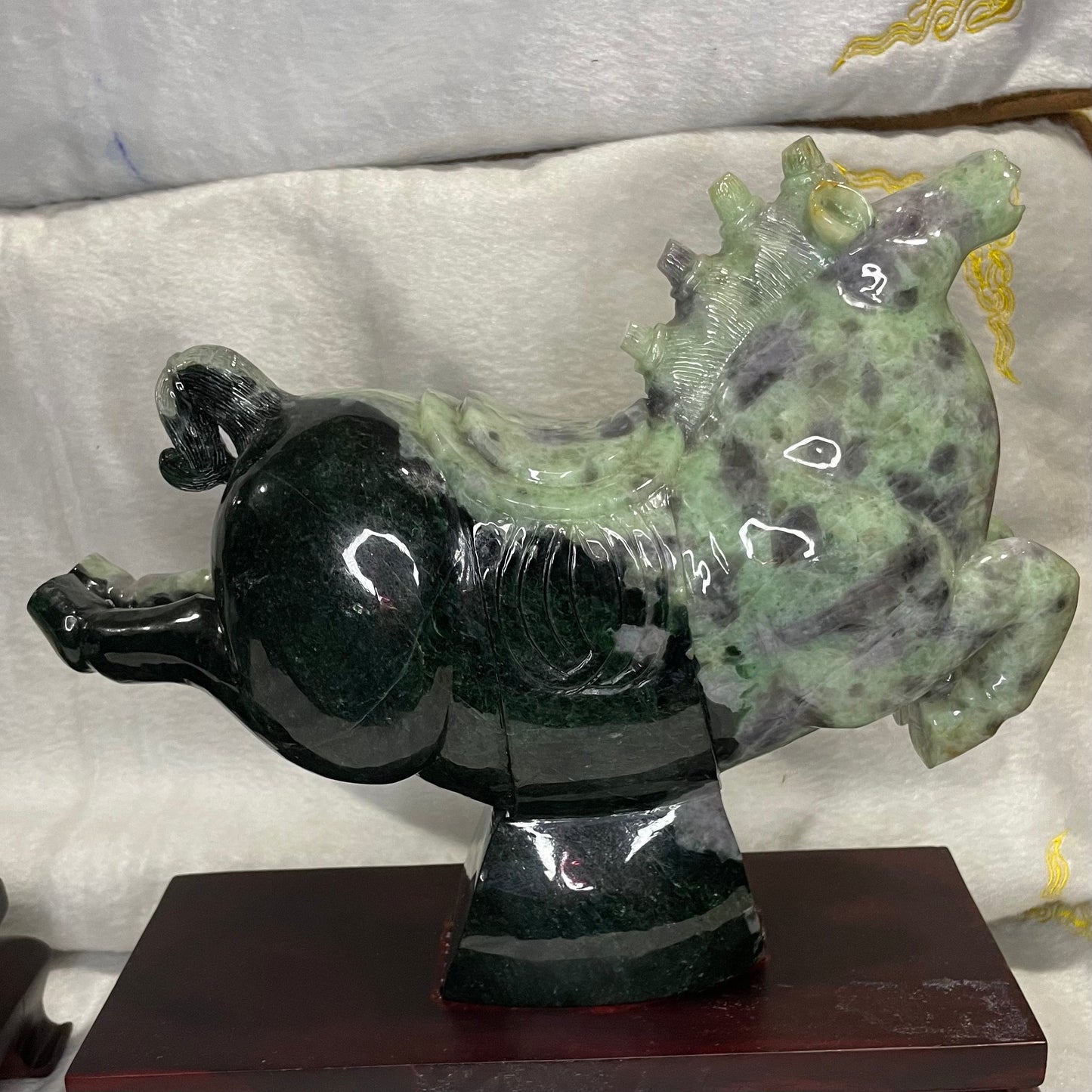 Type A Green with Lavender Jadeite Pair of Horses 马到成功 马上成功 马上发财 with Wooden Stand Display Piece - 9.53kg Dimensions with Stand: 30 by 28 by 12cm Jade Dimensions: 28 by 24 by 9cm