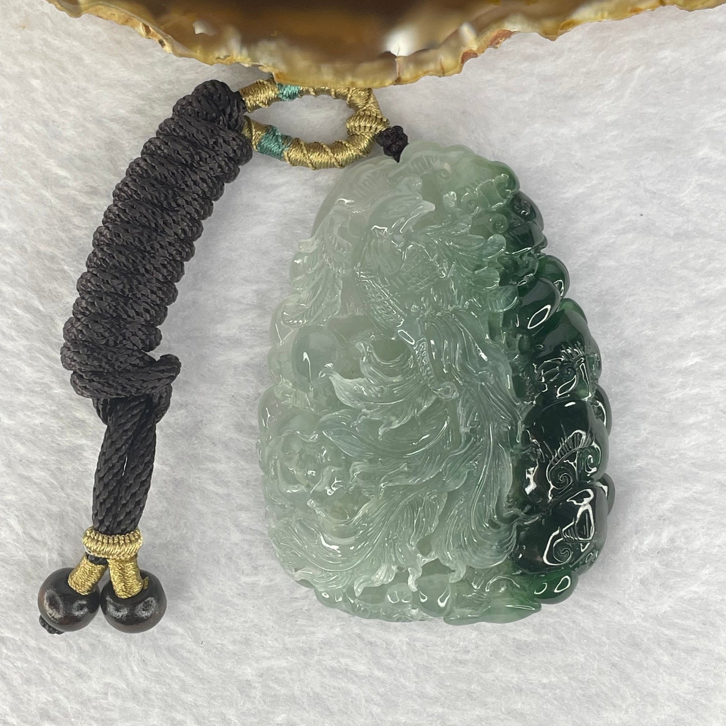 Grand Master Type A Icy Light Green with Green Jadeite Phoenix, Ruyis and Flower Pendant Display 71.83g 65.7 by 48.2 by 12.5mm with Wooden Stand for Career Progression and Recognition