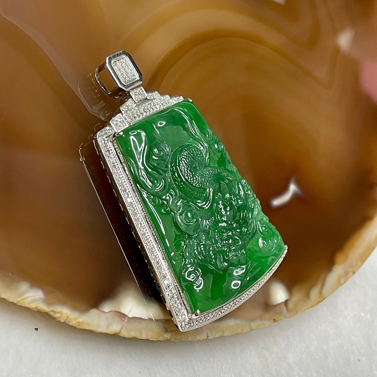 RARE Type A Full Yang Green Dragon Jade Jadeite 18k white gold & diamonds with NGI Cert 22.38g 50.2 by 30.7 by 9.0mm