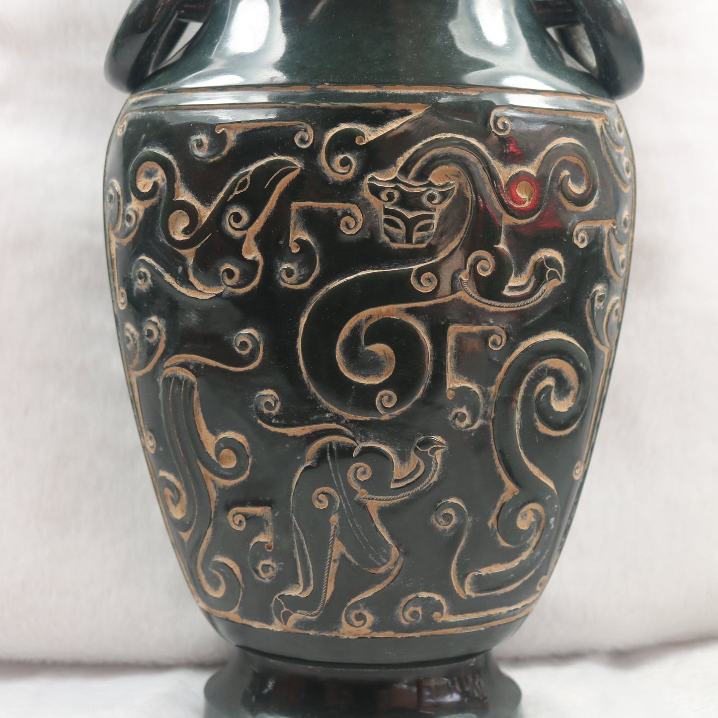 Rare Antique Natural Dark Green Nephrite Dragon Phoenix Bird Vase 2,047.6g 145.0 by 90.0 by 360.0mm