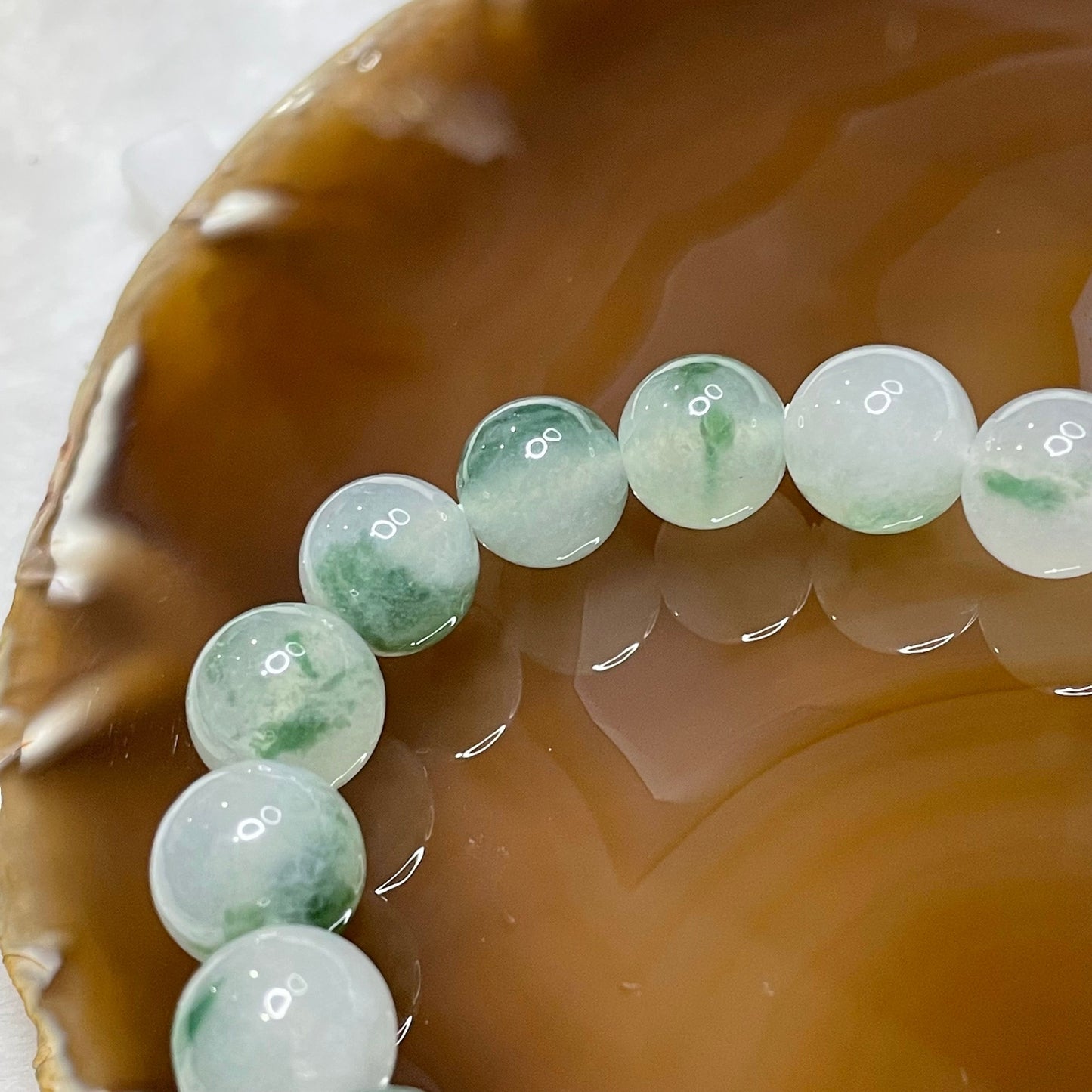 Type A Semi Icy Spicy Green Piao Hua Jade Jadeite Bracelet 49.45g 12.1mm/bead 16 beads