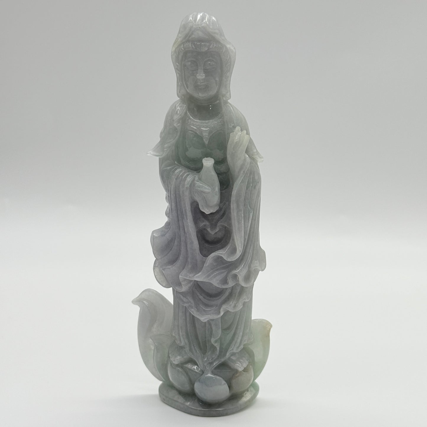 Type A Lavender and Green Jade Jadeite Guan Yin Display 210.5g 142.6 by 53.6 by 24.1mm with wooden stand total 1515g 310 by 152 by 106mm