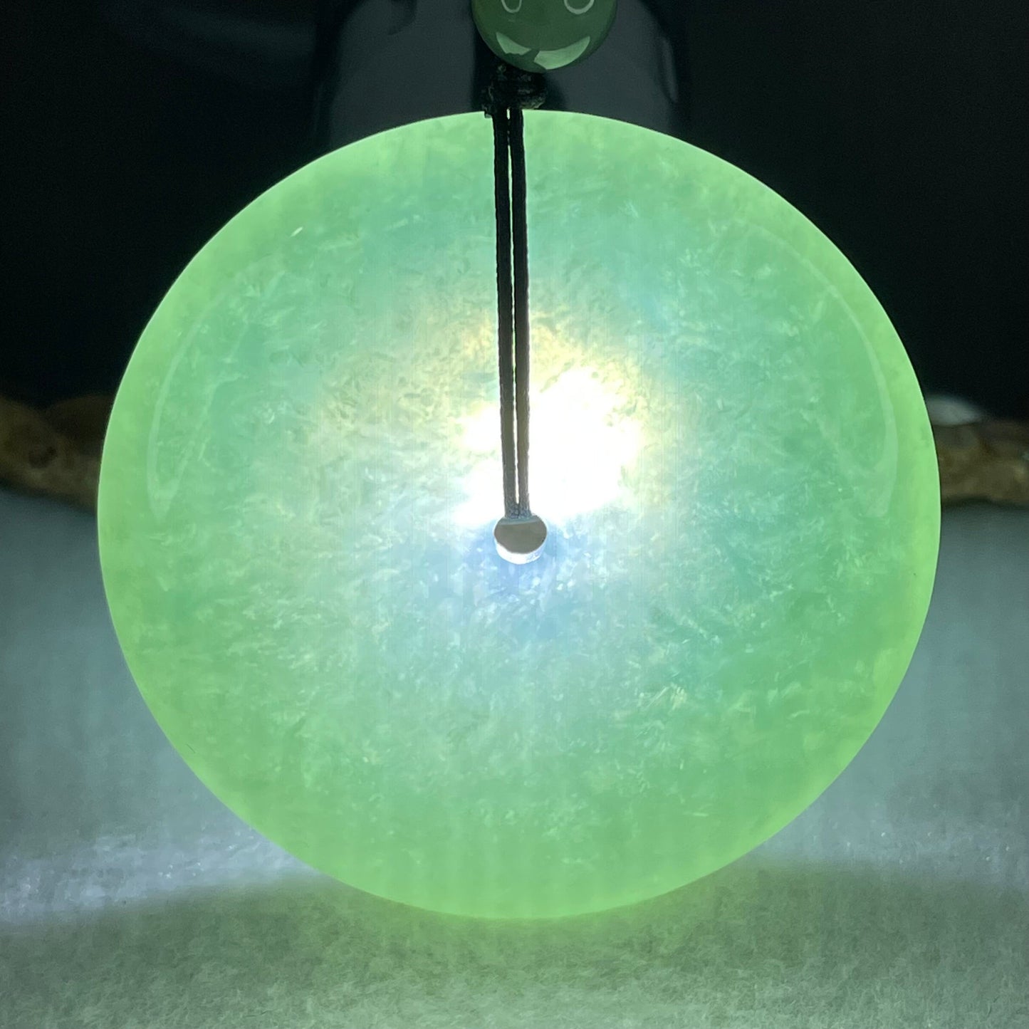 Type A Semi Icy Blueish Green Jadeite Ping An Kou Donut Pendant 48.87g 49.6 by 10.0mm (Perfect)