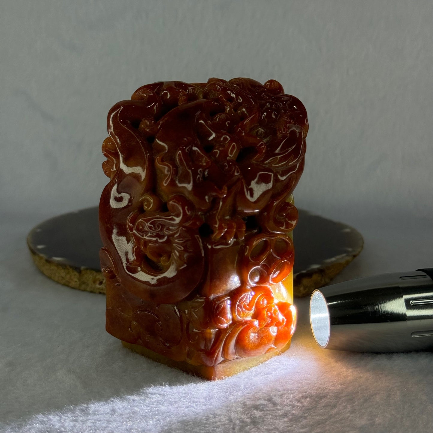 Type A Burmese Jade Jadeite Red, Green & Lavender Dragon Seal Display 565.0g 54.5 by 50.9 by 94.4mm with NGI cert