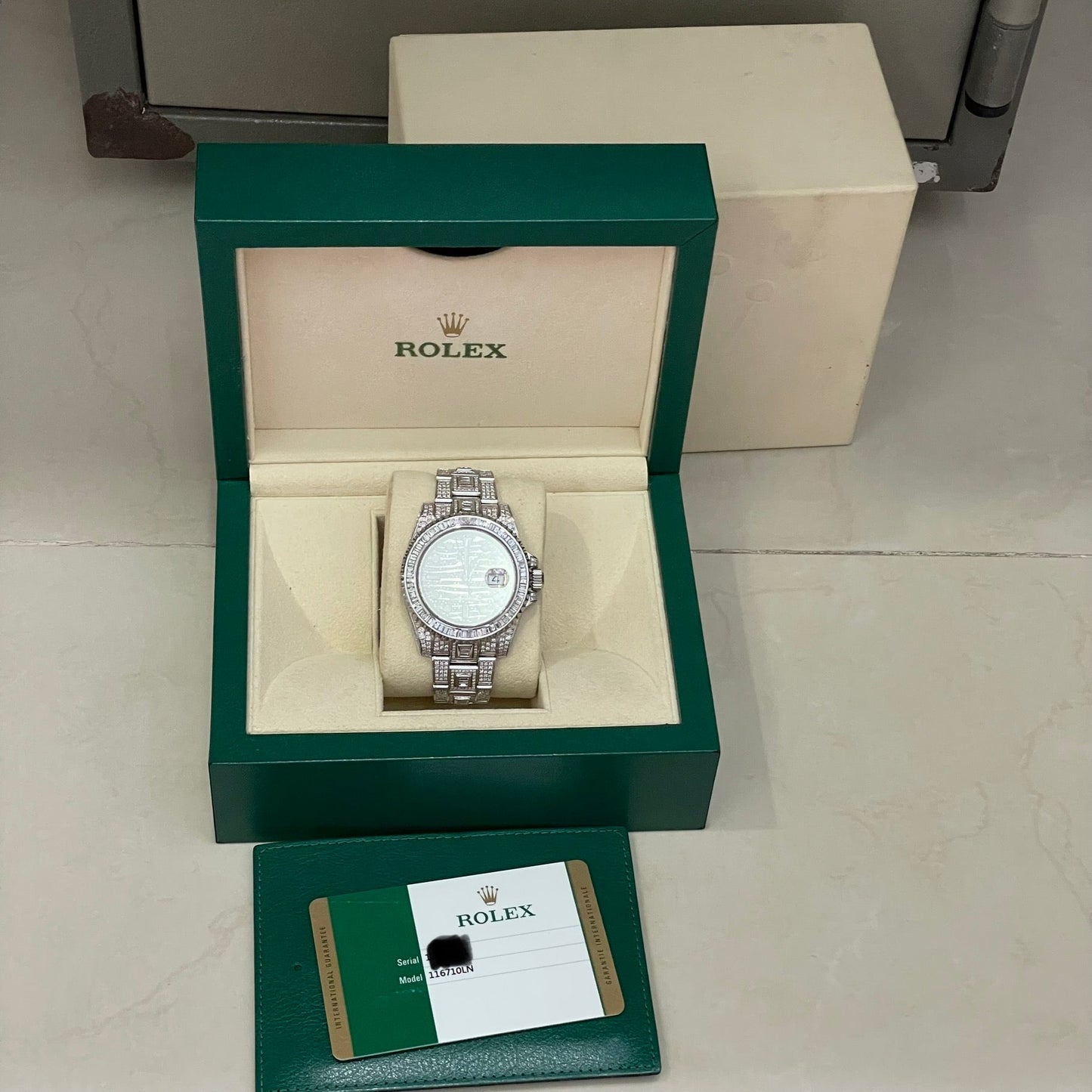 (Pre-Love) Rolex Diamond Ice GMT Master 2 Stainless Steel Custom Diamonds 40mm Model 116710LN Dec 2017 with Box and Authentication Card (Available - Bank Transfer only)
