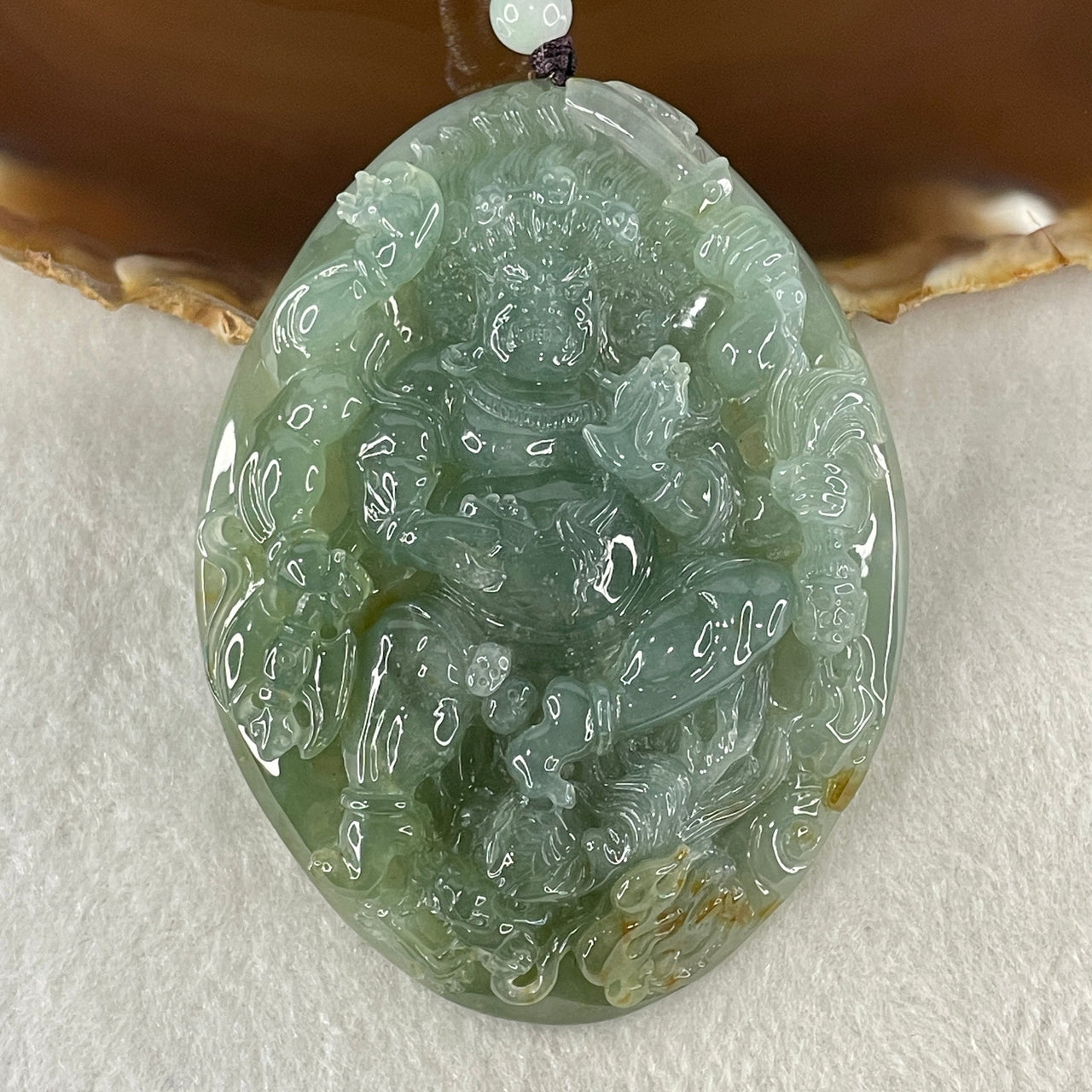 Grand Master Type A Icy Blueish Green with Brown Patches Jadeite Acala Pendant 85.25g 75.0 by 56.6 by 12.4mm