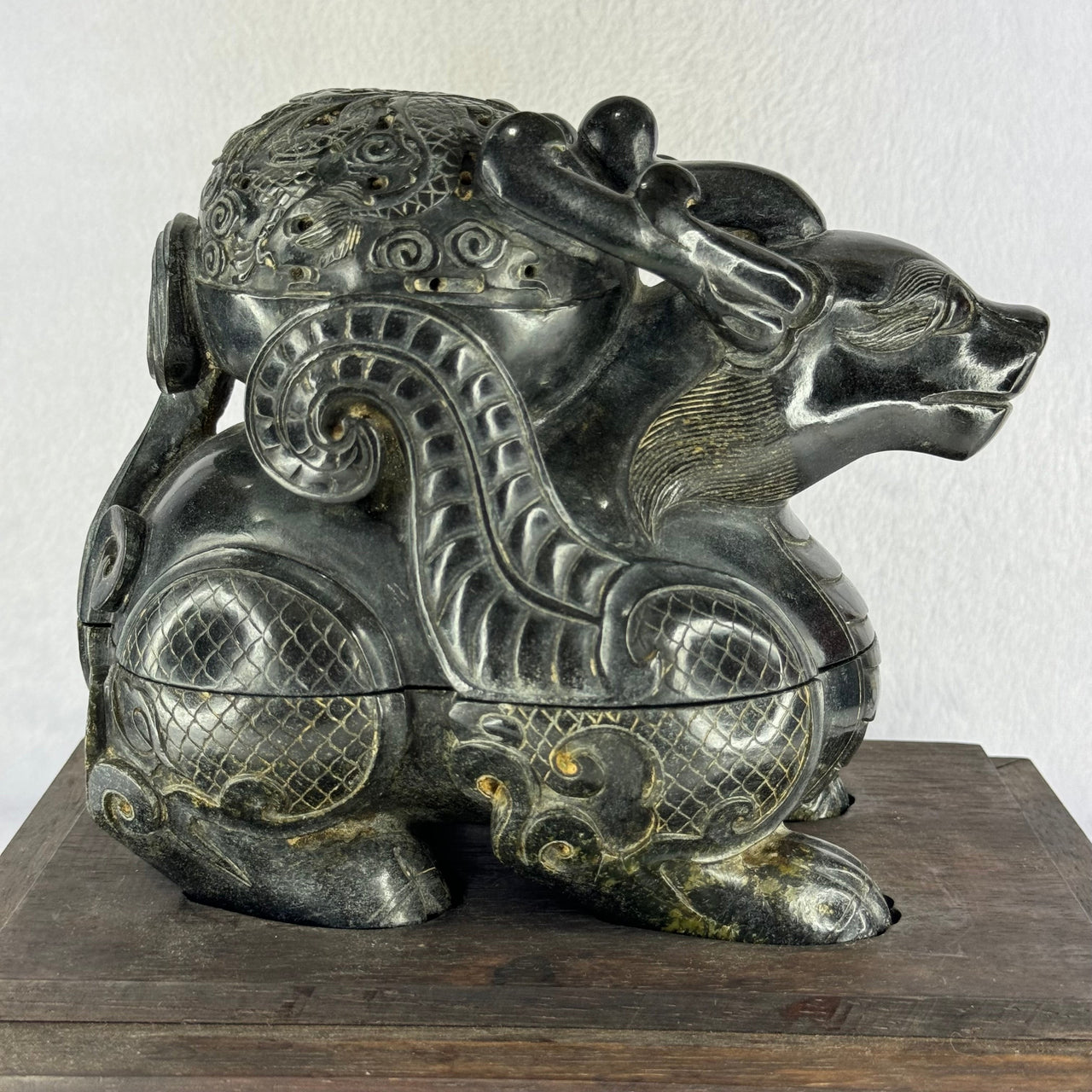 Antique Natural Old Mine Nephrite Display in Carved Heavy Old Solid Wooden Box 3,791.3g 191.0 by 243.0 by 215.0mm