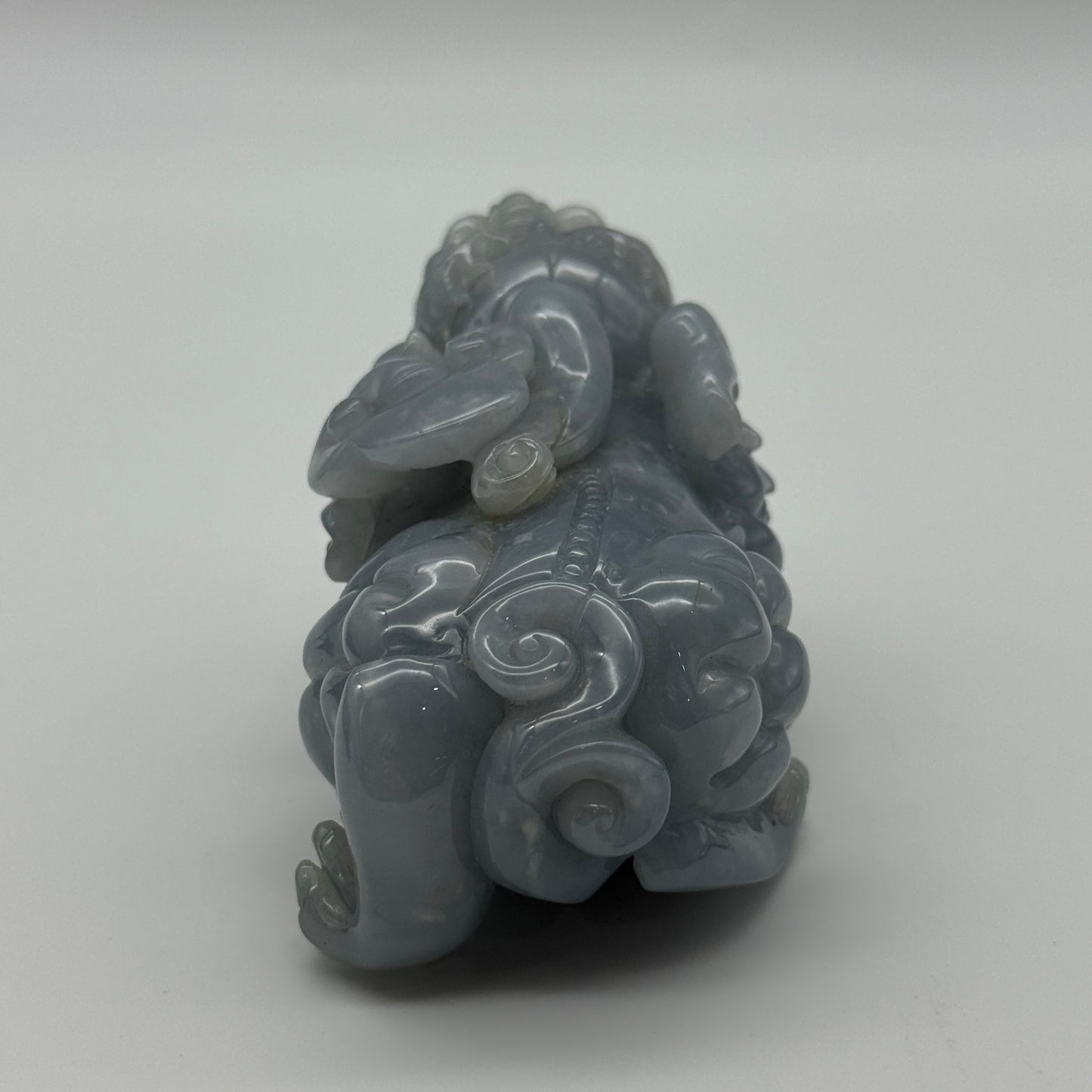 Type A Blueish Lavender Jade Jadeite Pixiu & Ruyi Display with Wooden Stand: Pixiu: 373.1g 93.1 by 43.1 by 43.7mm With Stand: 747.5g 215.4 by 111.5 by 99.6mm