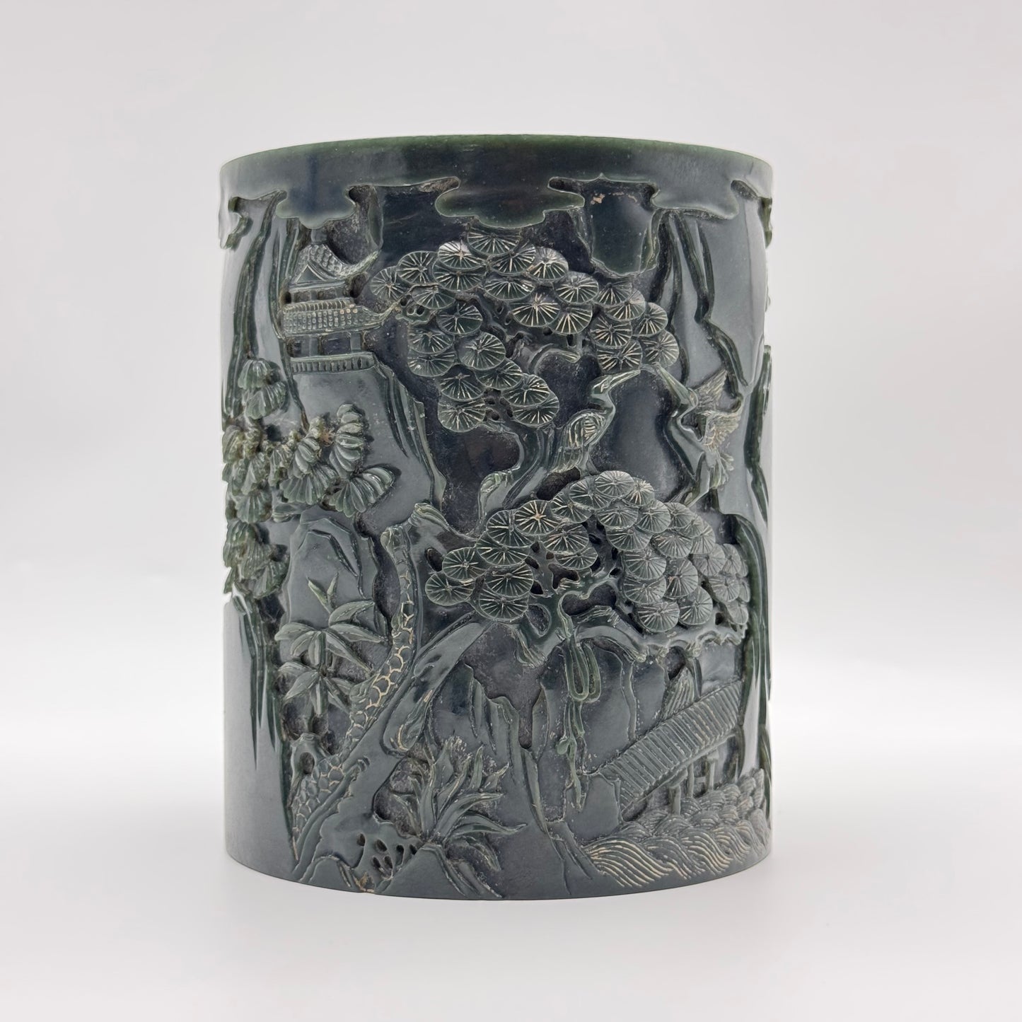 Rare Antique Natural Dark Green Nephrite Shan Shui Brush Pot with Gui Ren Display 1,467.0g 116.5 by 116.8 by 142.9mm with NGI Cert 82812380