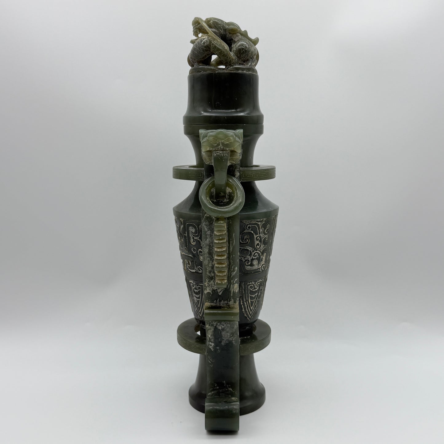 Rare Antique Natural Green Nephrite Vase with Double Dragon Display 2,035.4g 162.0 by 90.0 by 315.0m