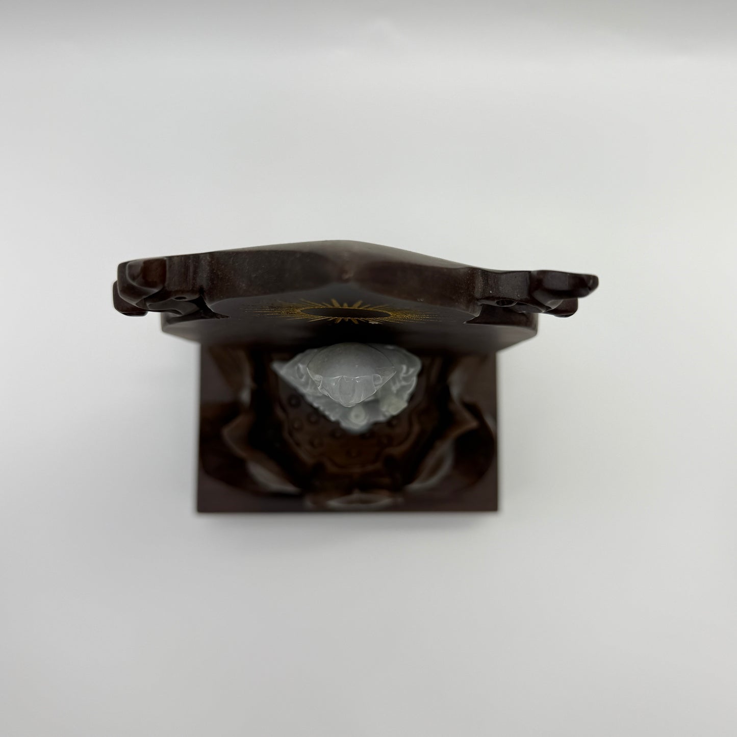 Type A Lavender and Green Jade Jadeite Guan Yin Display 210.5g 142.6 by 53.6 by 24.1mm with wooden stand total 1515g 310 by 152 by 106mm