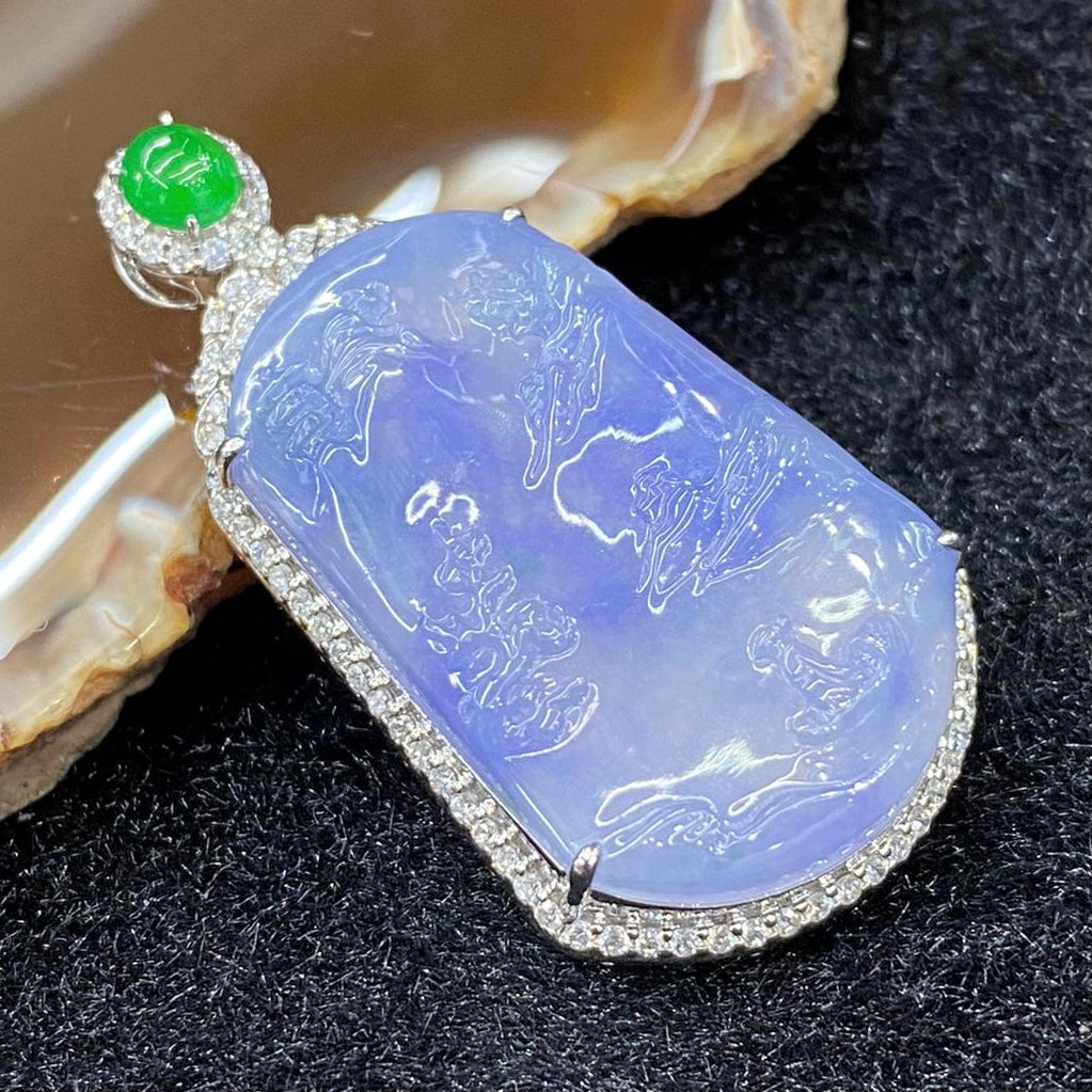 Rare High end Type A Burmese Lavender Jade Jadeite Shan Shui 18k white gold & diamonds - 13.78g 44.7 by 23.1 by 10.3mm