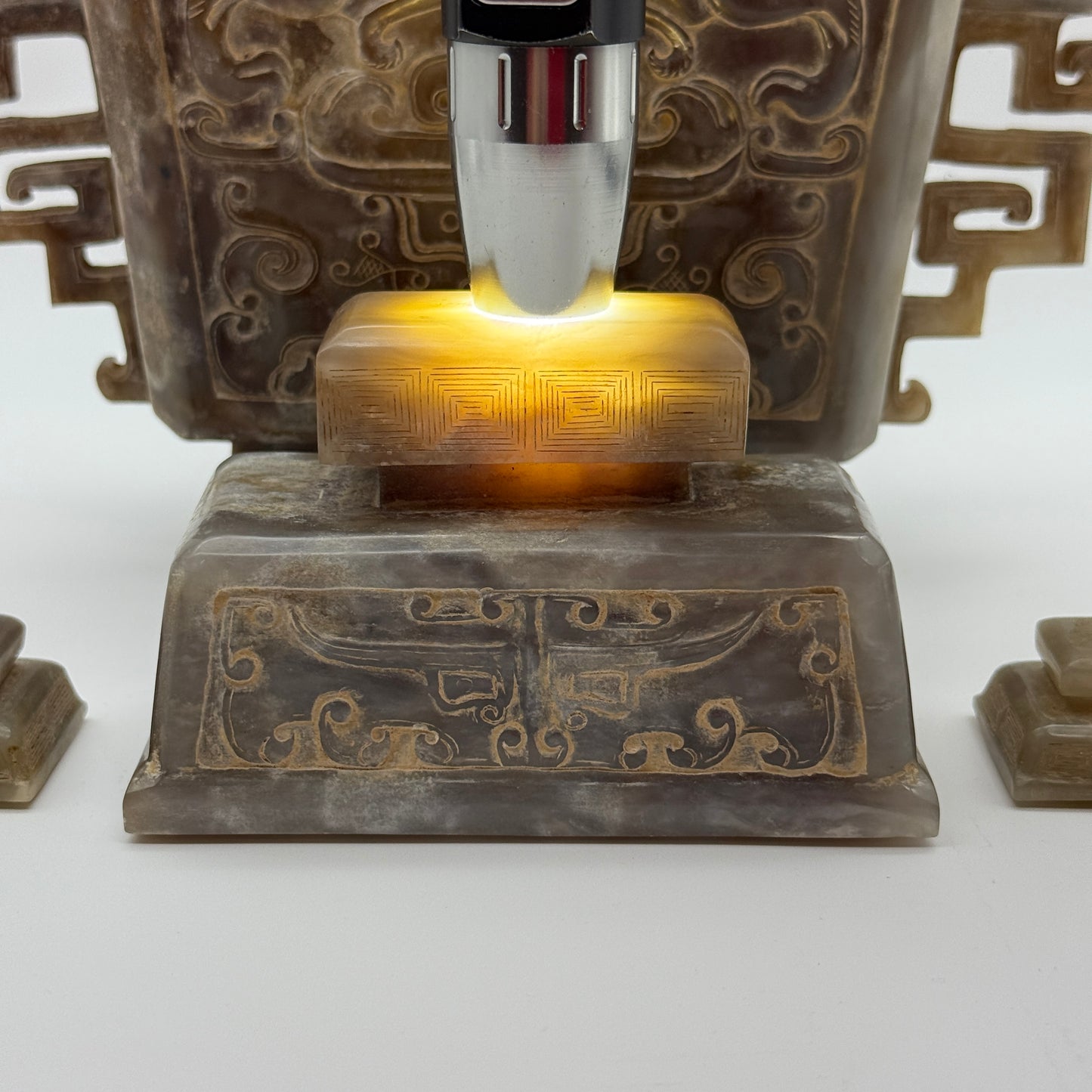 Rare Antique Natural Grey with Yellow White Patches Nephrite Double Pixiu Vase 3,014.3g 225.0 by 83.0 by 280.0mm