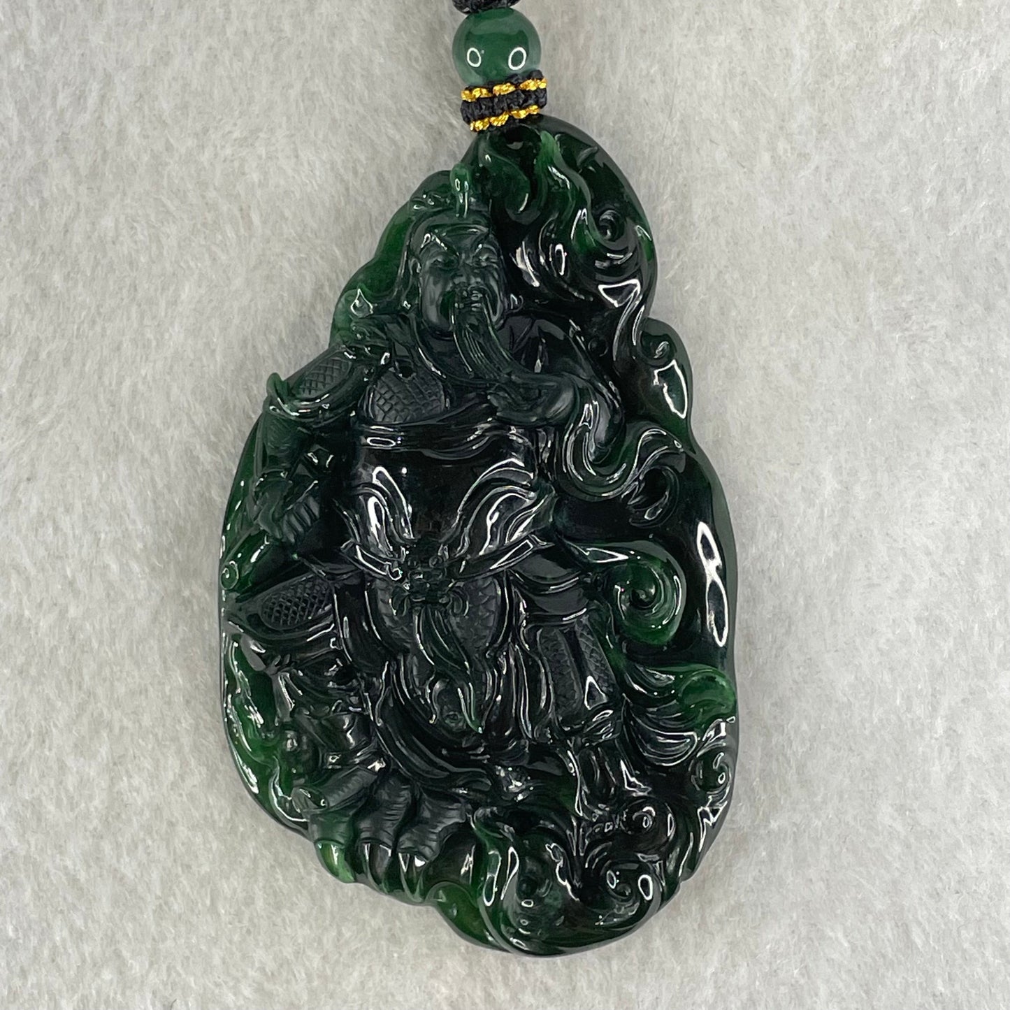 Rare High End Grand Master Type A Full Green Jadeite Guan Gong with Scroll Pendant 48.01g 72.0 by 44.8 by 9.3mm