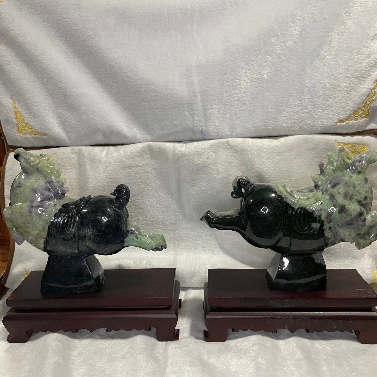 Type A Green with Lavender Jadeite Pair of Horses 马到成功 马上成功 马上发财 with Wooden Stand Display Piece - 9.53kg Dimensions with Stand: 30 by 28 by 12cm Jade Dimensions: 28 by 24 by 9cm