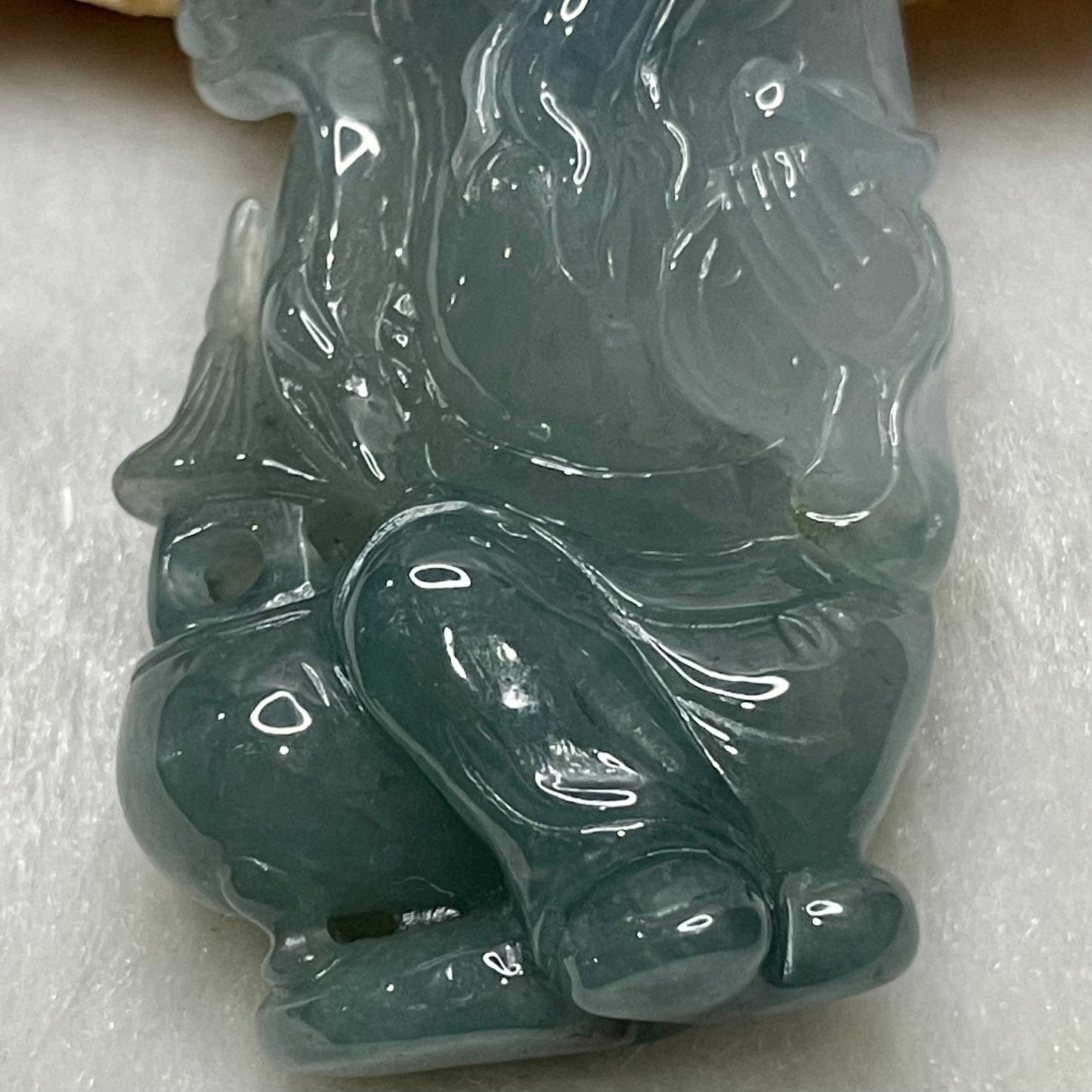 18K Gold Rare Type A Blueish Green with Lavender Jadeite Cai Sheng Ye Pendant for Ultimate Wealth with NGI Cert - 30.9g 59.0 by 28.9 by 12.8mm