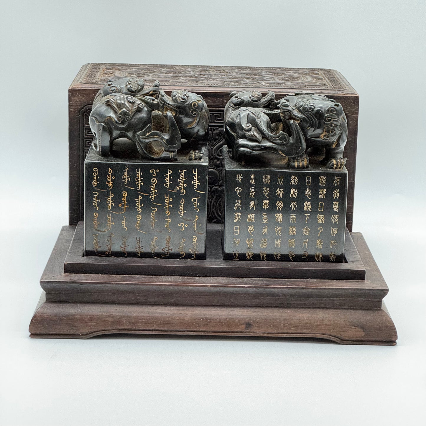 Rare Antique Natural Dark Green Nephrite Seal Pair of Twin Double Pixiu Stamp 5,596.2g 86.4 by 86.9 by 120.2mm with Wooden Box 355.0 by 165.0 by 190.0mm