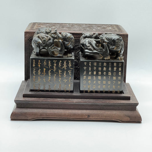 Rare Antique Natural Dark Green Nephrite Seal Pair of Twin Double Pixiu Stamp 5,596.2g 86.4 by 86.9 by 120.2mm with Wooden Box 355.0 by 165.0 by 190.0mm