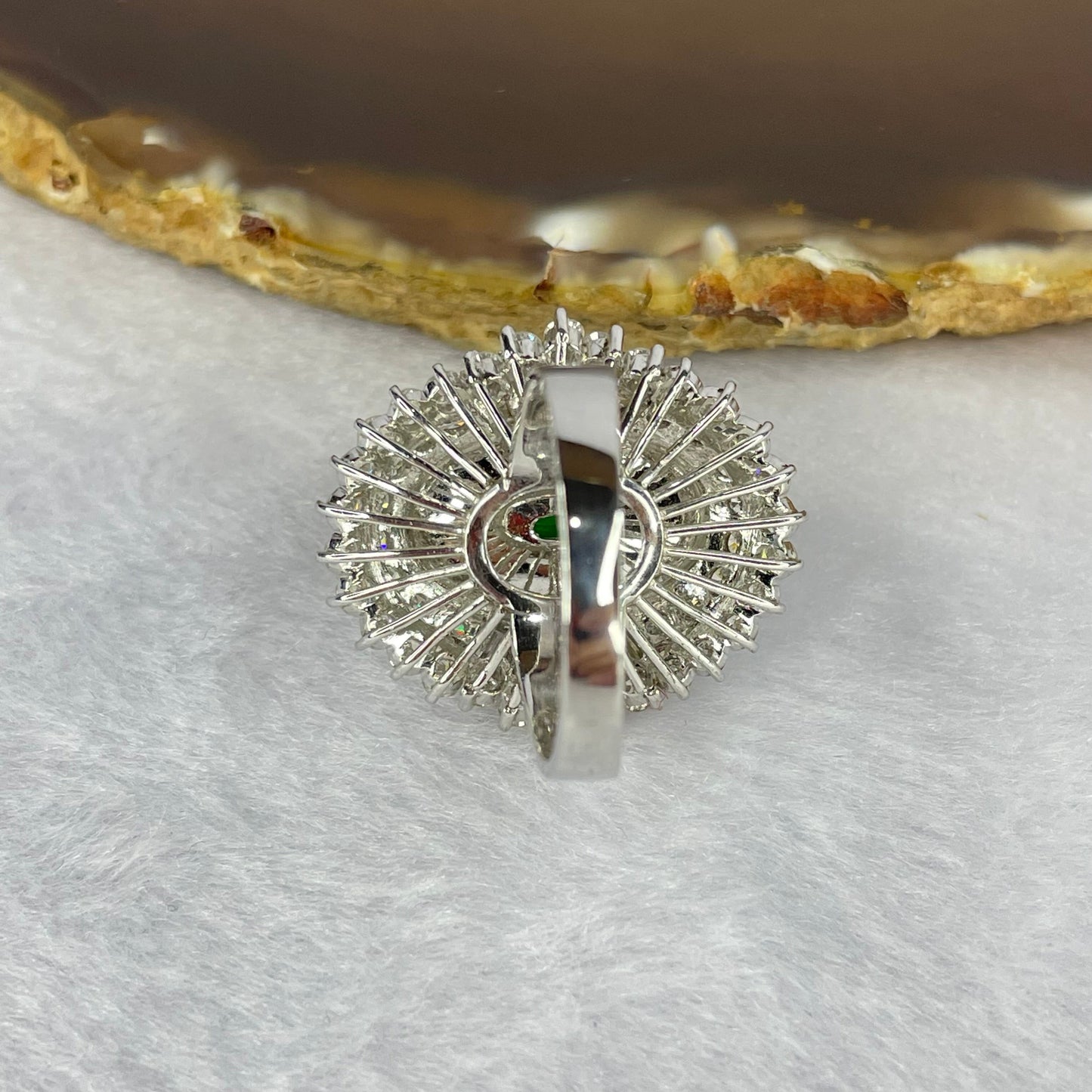 Very Very High Quality Highly Translucent TYPE A Natural Full Intense Green Jadeite Traded as Imperial Green Oval Cabochon Approx. 20.93 by 13.95 by 6.58mm Total Weight 13.60g including Natural Diamonds and 13K White Gold Ring Setting US7.75 HK17 NGI Cert